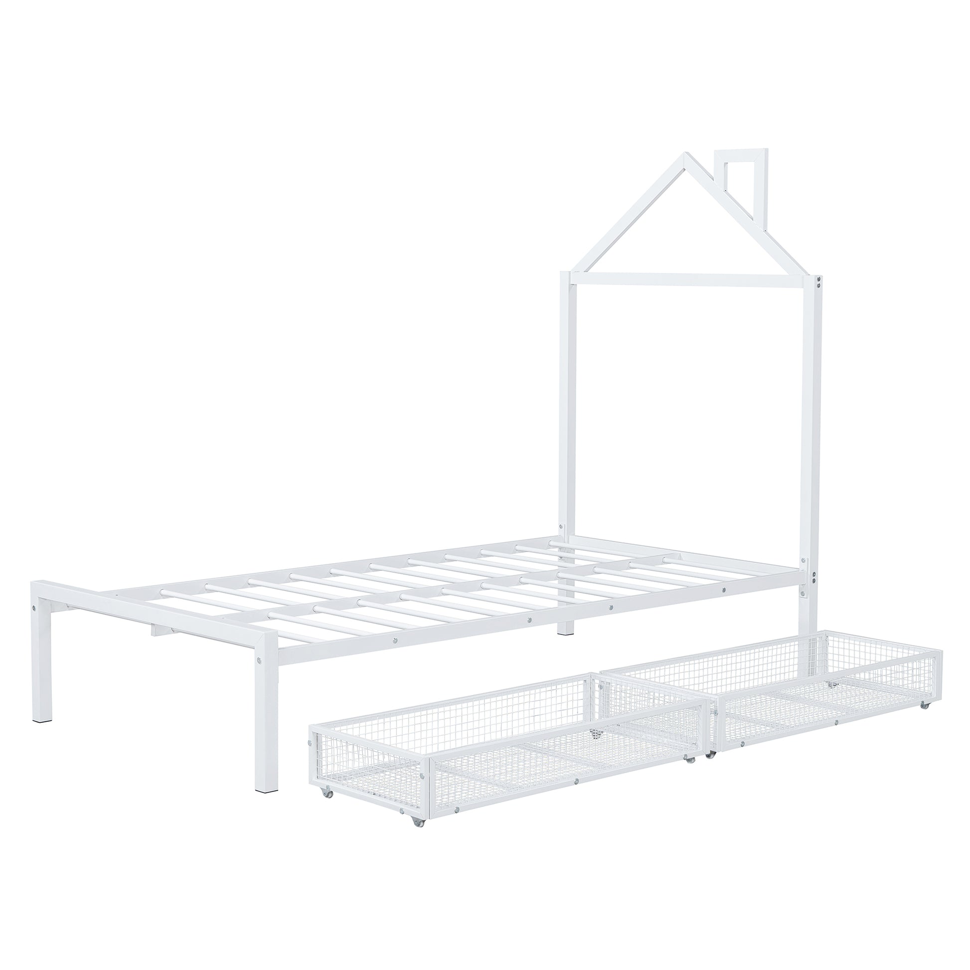 Twin Size Metal Platform Bed With Two Drawers,House Shaped Headboard Design, White Twin White Metal