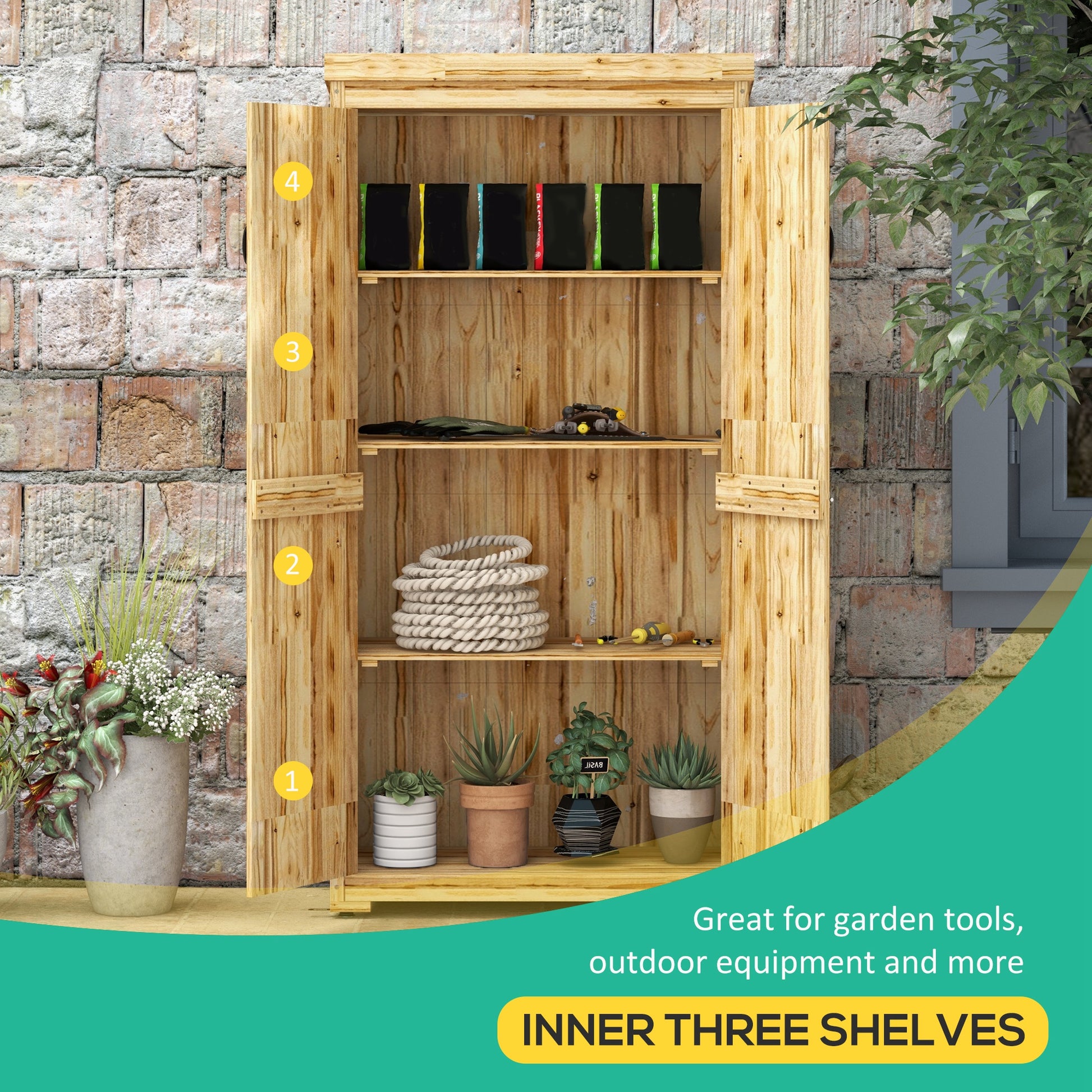 Outsunny Wooden Garden Shed, Outdoor Storage Cabinet With Waterproof Galvanized Metal Roof, Narrow Tool Shed With 3 Shelves And Lockable Door, Natural Natural Wood