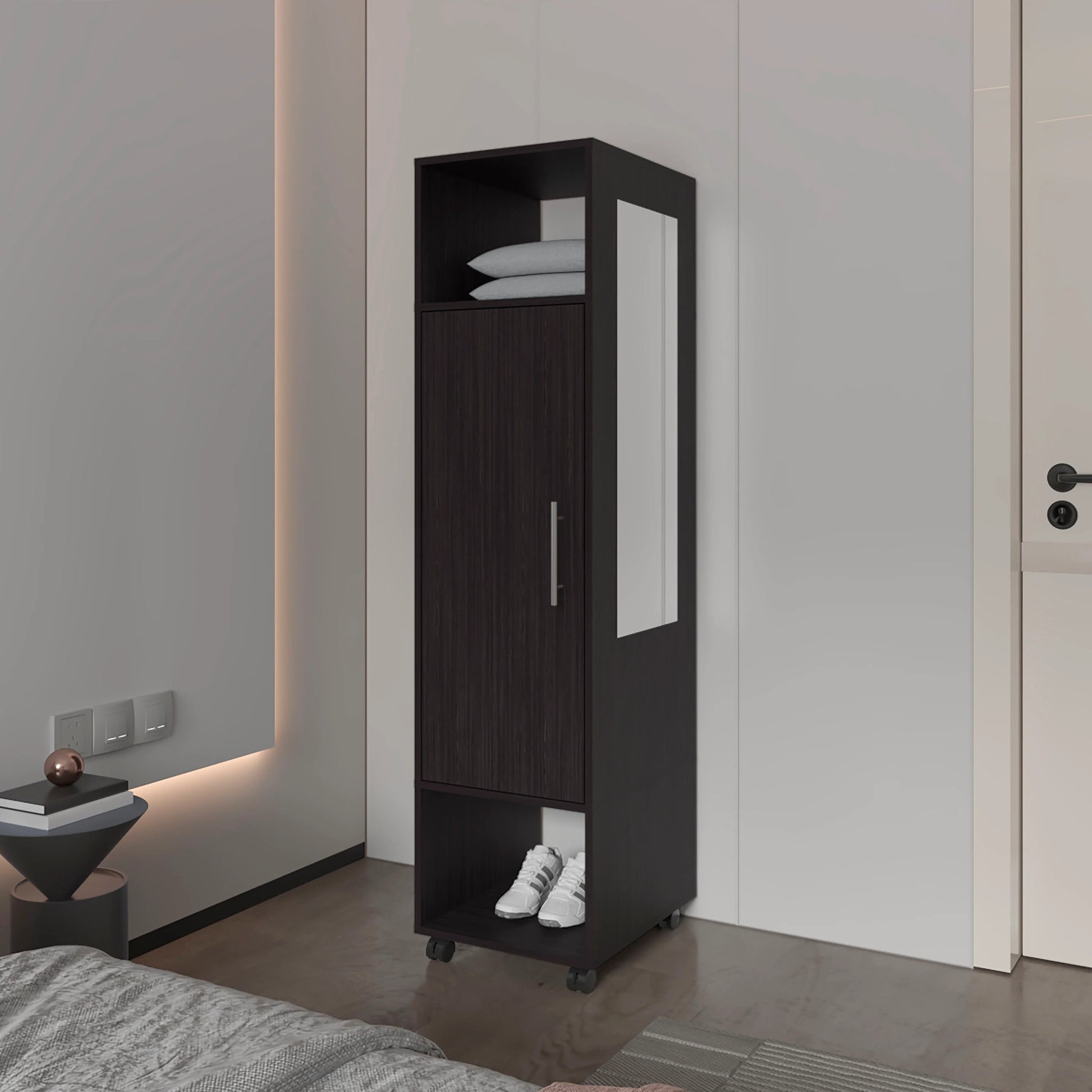 Black 1 Door Wardrobe With Mirror And Open Storage Black Particle Board Melamine