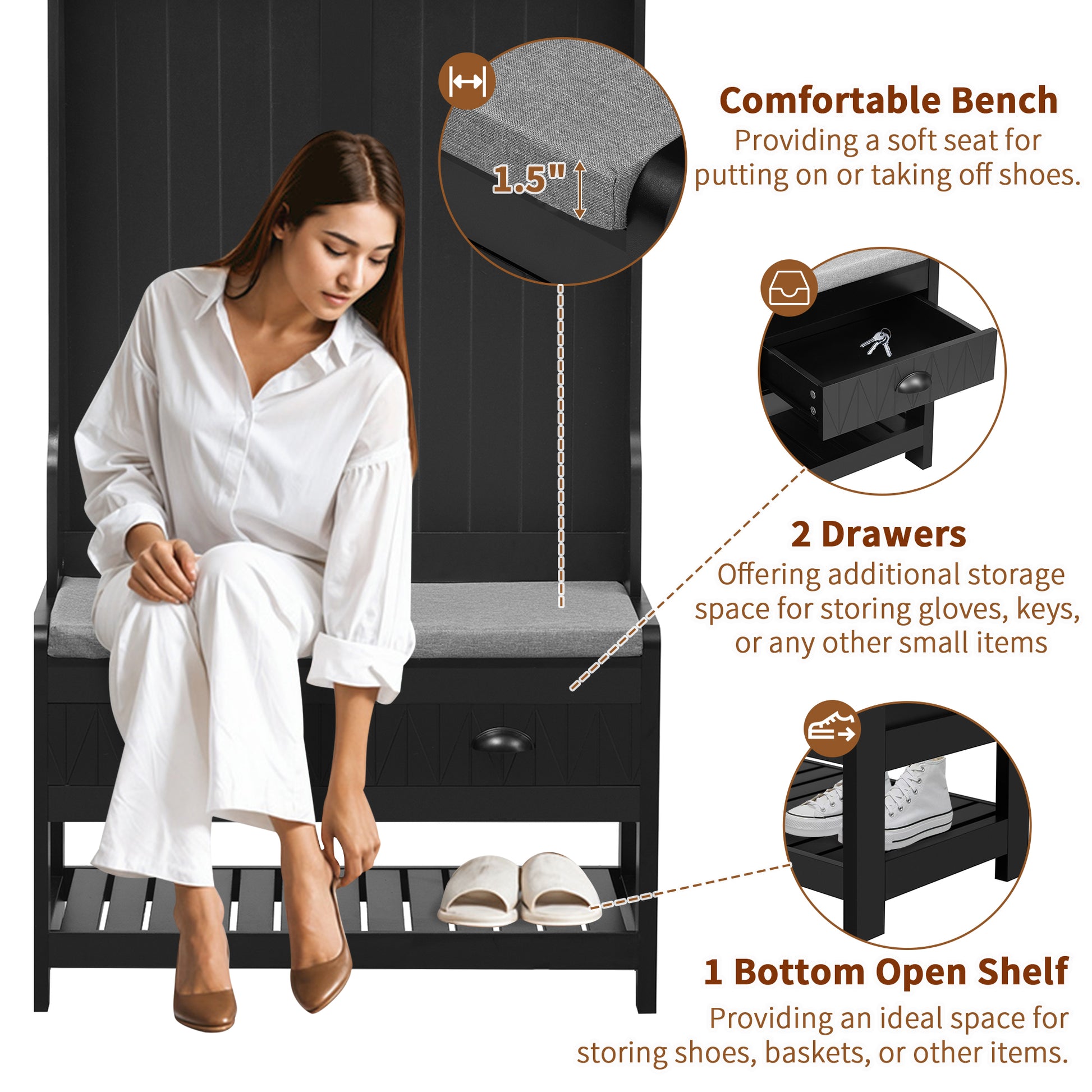 Hall Tree With 6 Hooks And Hinged Lid, Coat Hanger, Entryway Bench, Storage Bench, 3 In 1 Design, 69Inch, For Entrance, Hallway Black Mdf