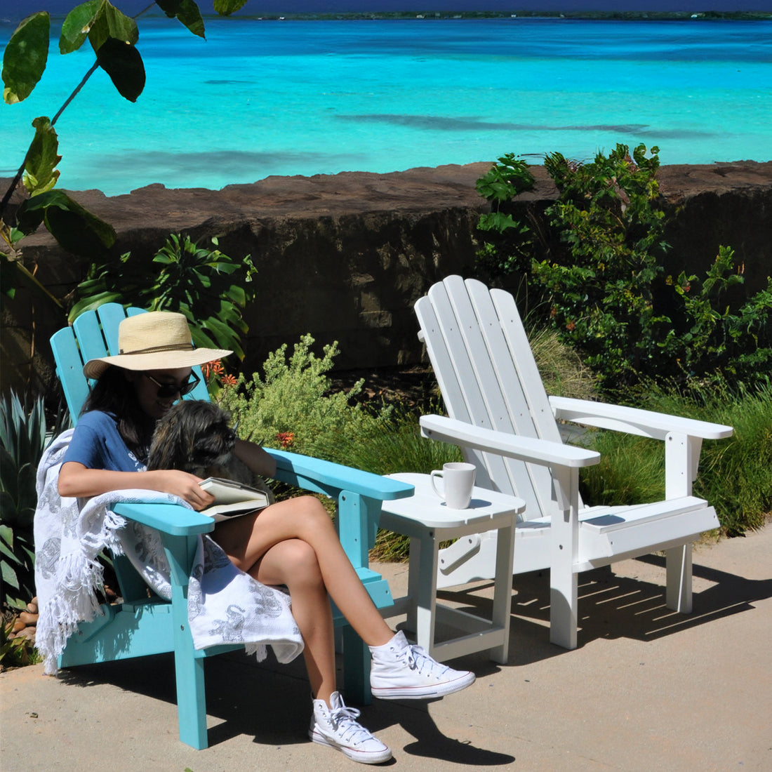 Hips Folding Adirondack Chair, Ultra Durable Weather Resistant Design, Real Wood Look, Easy Folding With No Pins Needed, 300 Lb Capacity, Blue Aqua Blue Plastic