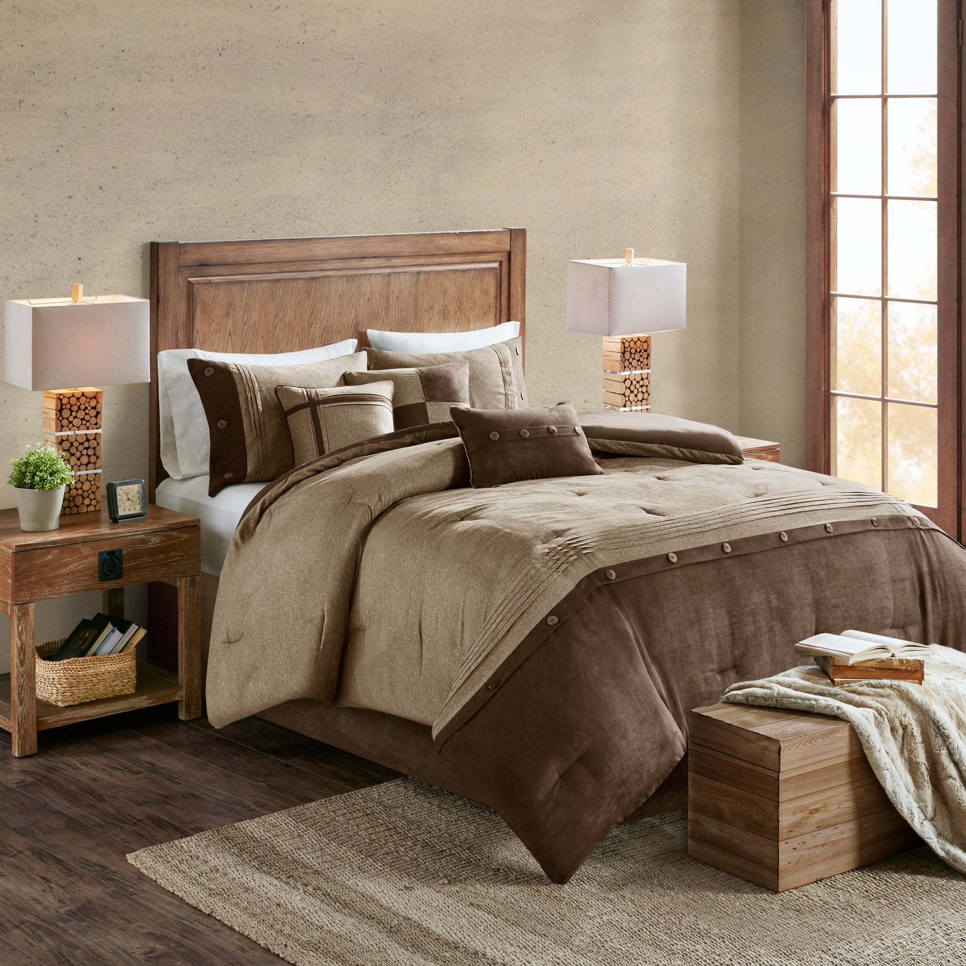 7 Piece Faux Suede Comforter Set Brown King King Brown Polyester