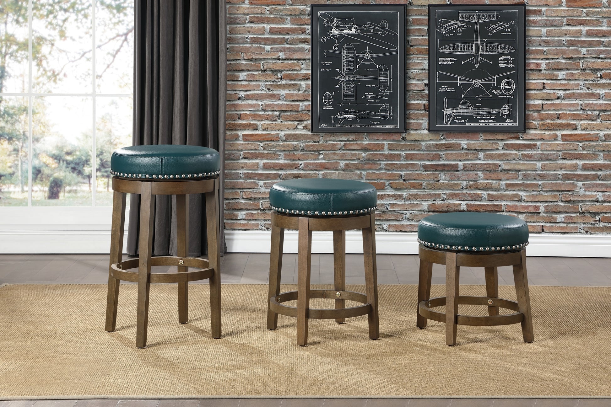 Round Swivel Counter Height Stools Set Of 2, Green Faux Leather 360 Degree Swivel Seat Trim Solid Wood Frame Brown Finish Furniture Brown Green Dining Room Round Solid Wood