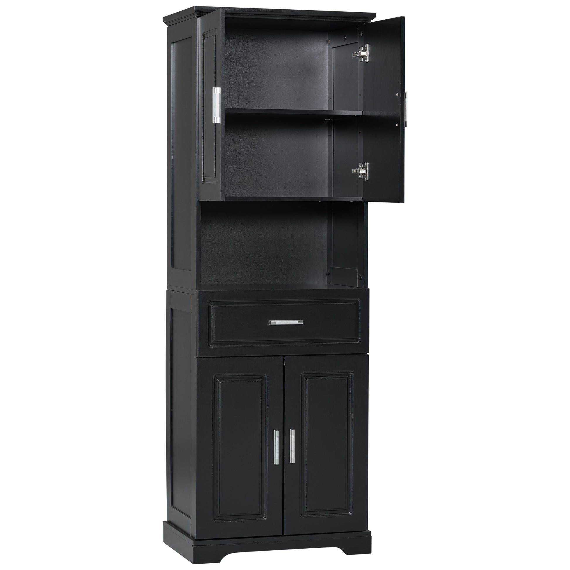 Tall Bathroom Cabinet With Four Doors, Large Storage Space Open Shelve, Upper Storage Cabinet, Black Black Mdf