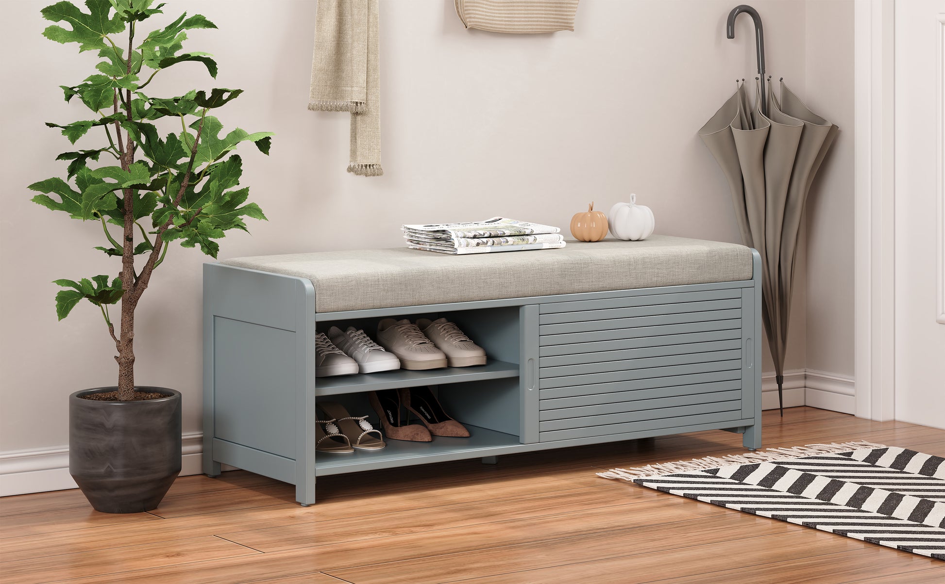 Distressed Shutter Storage Bench With Acacia Veneer For Retro Charm For Living Room, Entryway Grey Grey Mdf
