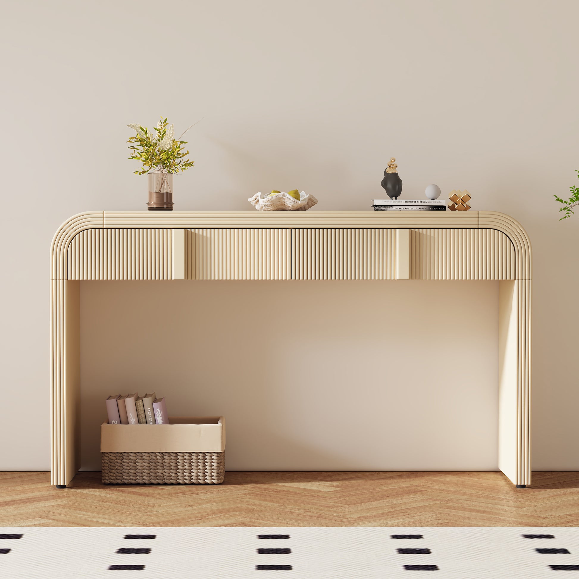 Unique Modern Rounded And Smooth Surface Console Table With 2 Drawers For Living Room And Entryway Apricot Cream Apricot Cream Primary Living Space Drawers Glossy Mdf