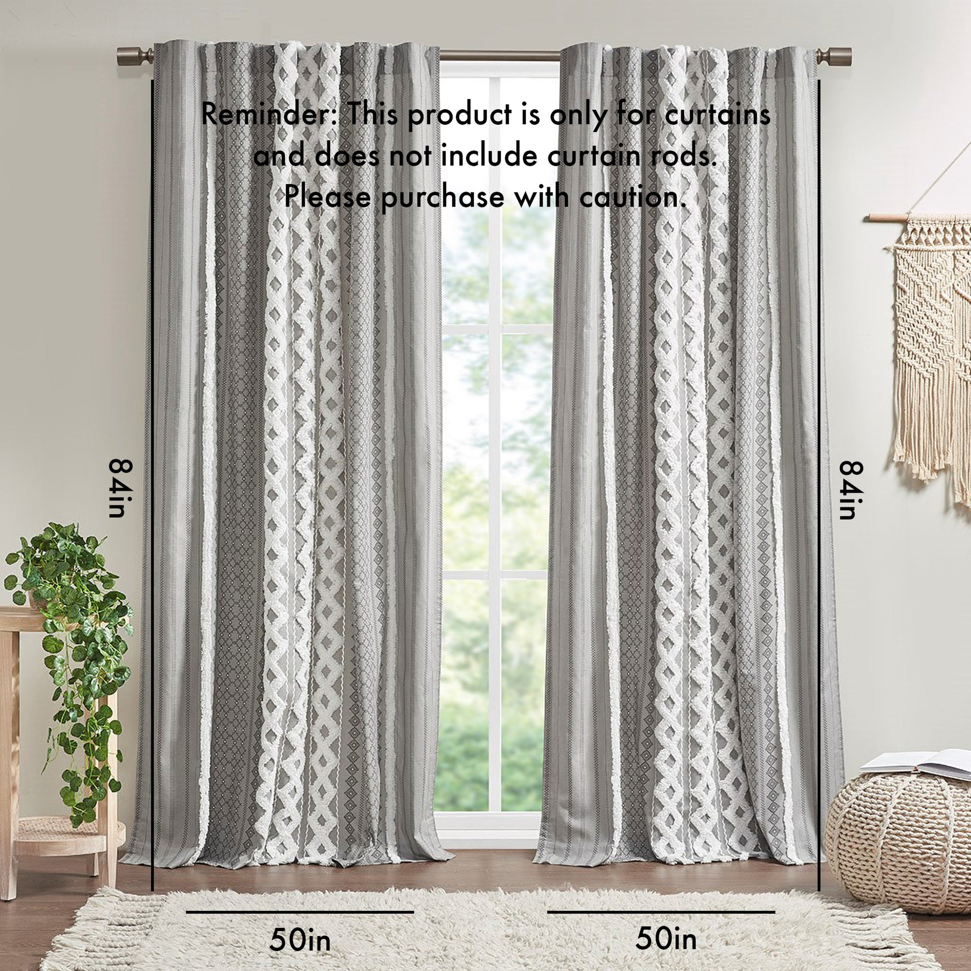 Cotton Printed Curtain Panel With Chenille Stripe And Lining Only 1 Pc Panel Gray Cotton