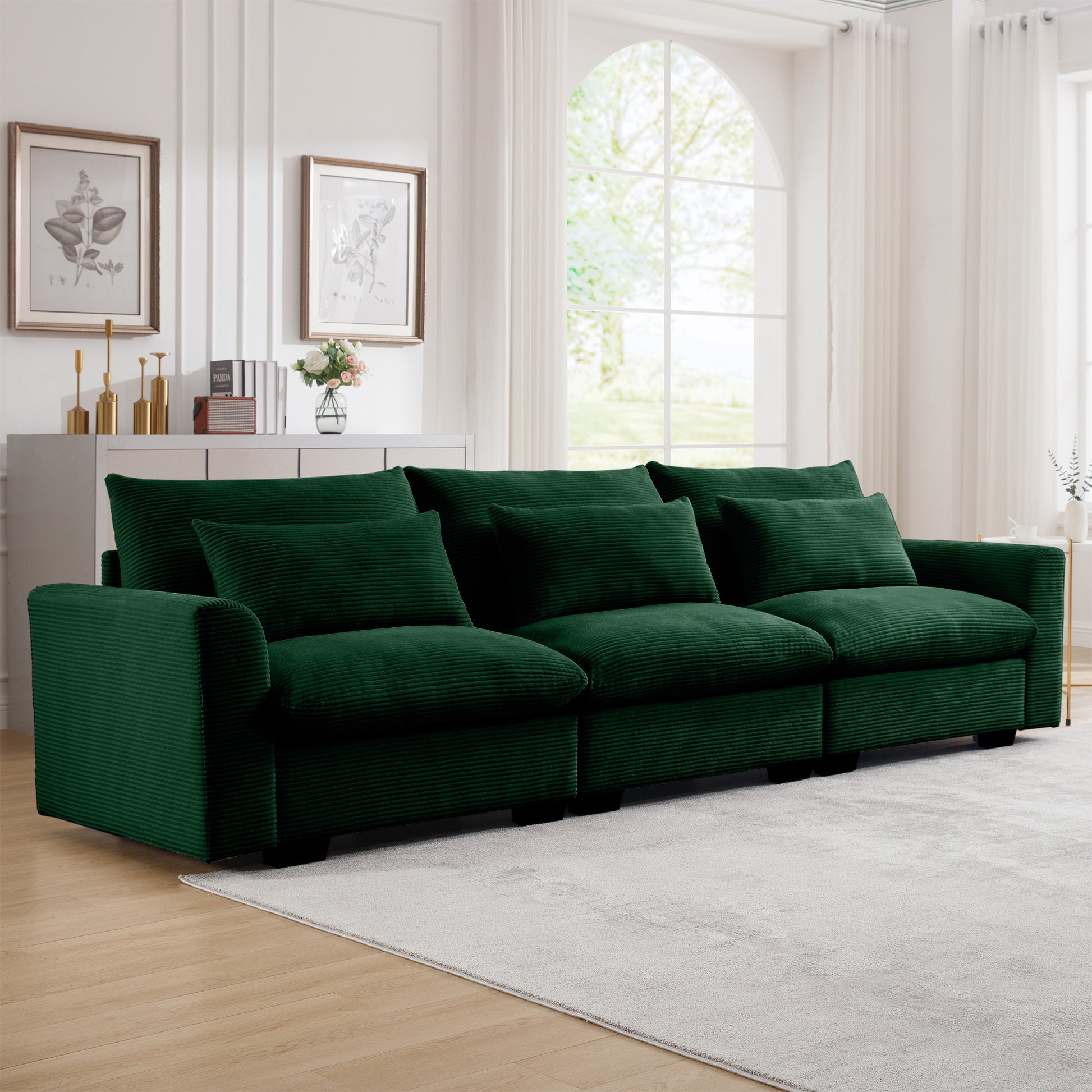 3 Seater Deep Seat Couches For Living Room, Wide And Deep Seat Comfy Living Roo Sofas With 3 Waist Pillows, Green Corduroy Green Corduroy 3 Seat