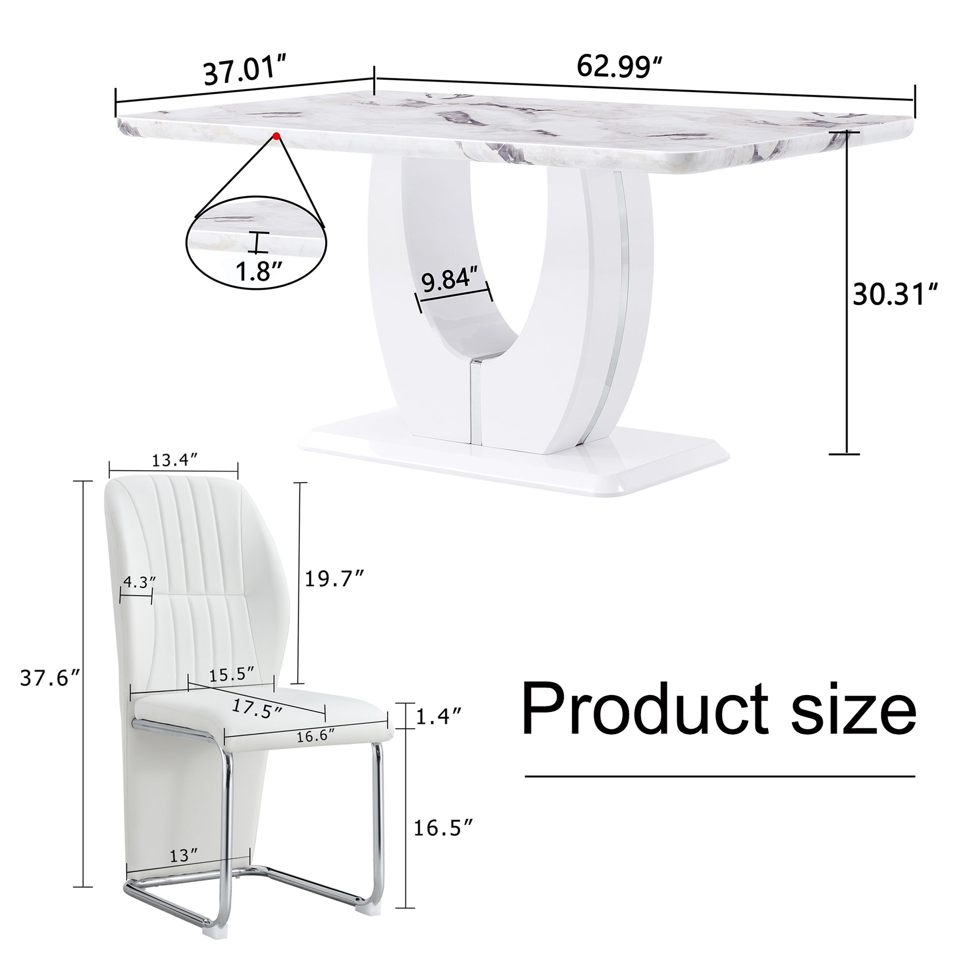 Table And Chair Set, Modern Luxurious White Imitation Marble Pattern Mdf Dining Table,Rectangular Dining Table, Matched With Uniquely Shaped Pu High Backrest Seats,Suitable For Various Occasions. White Seats 4 Mdf