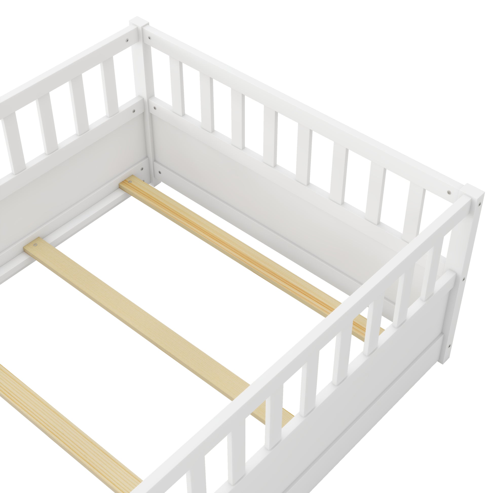 Twin Size Floor Bed, Integral Construction With Super High Security Barrier, Door, Children'S Floor Bed Frame, Montessori Wooden Children'S Floor Bed, Support Slat White Box Spring Required Twin White Wood Brown Bedroom American Design,Artsy Pine Bed