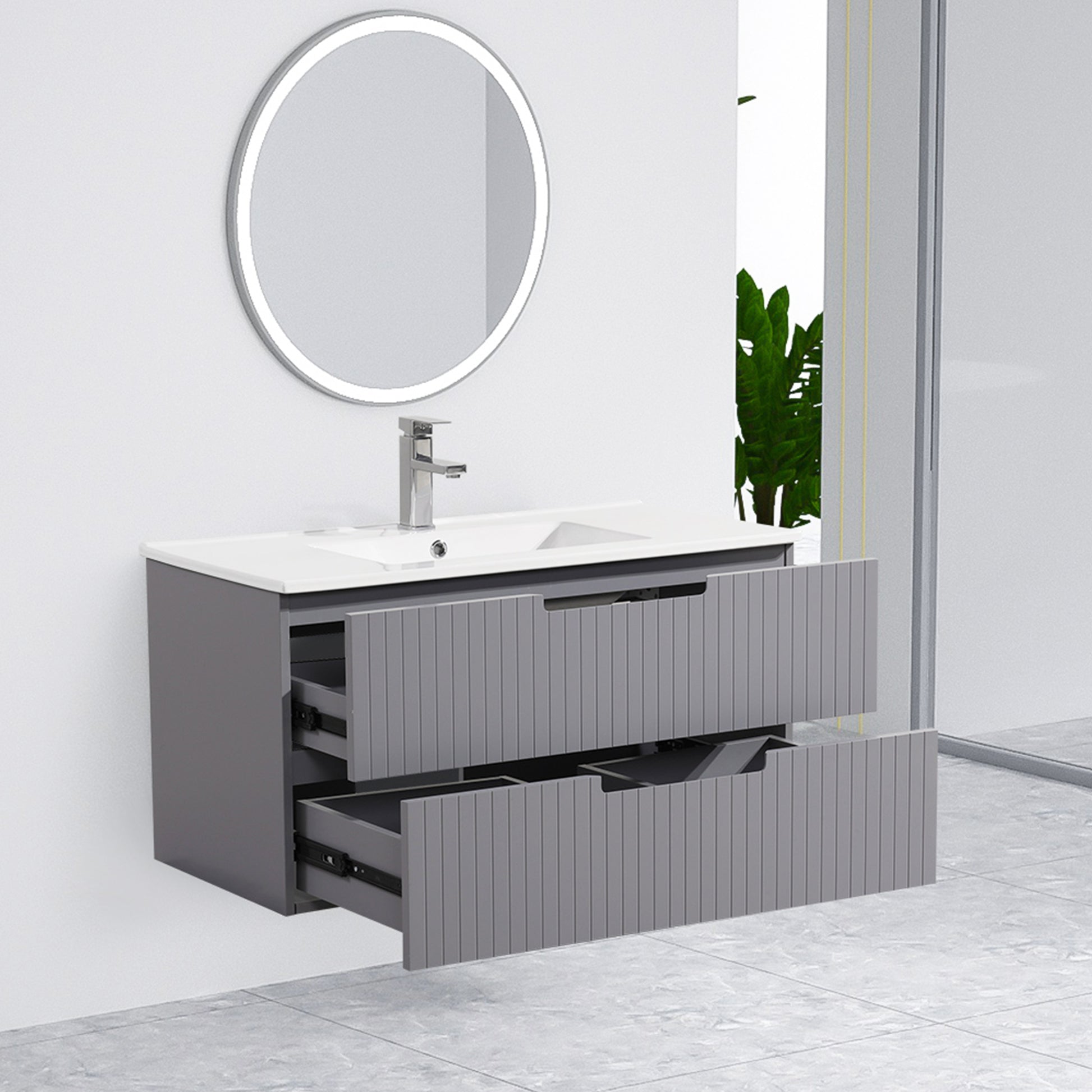 36 Inch Floating Bathroom Vanity With Ceramic Sink Set, Modern Bath Storage Cabinet Vanity With Drawers Wall Mounted Combo For Bathroom, Gray Grey Mdf