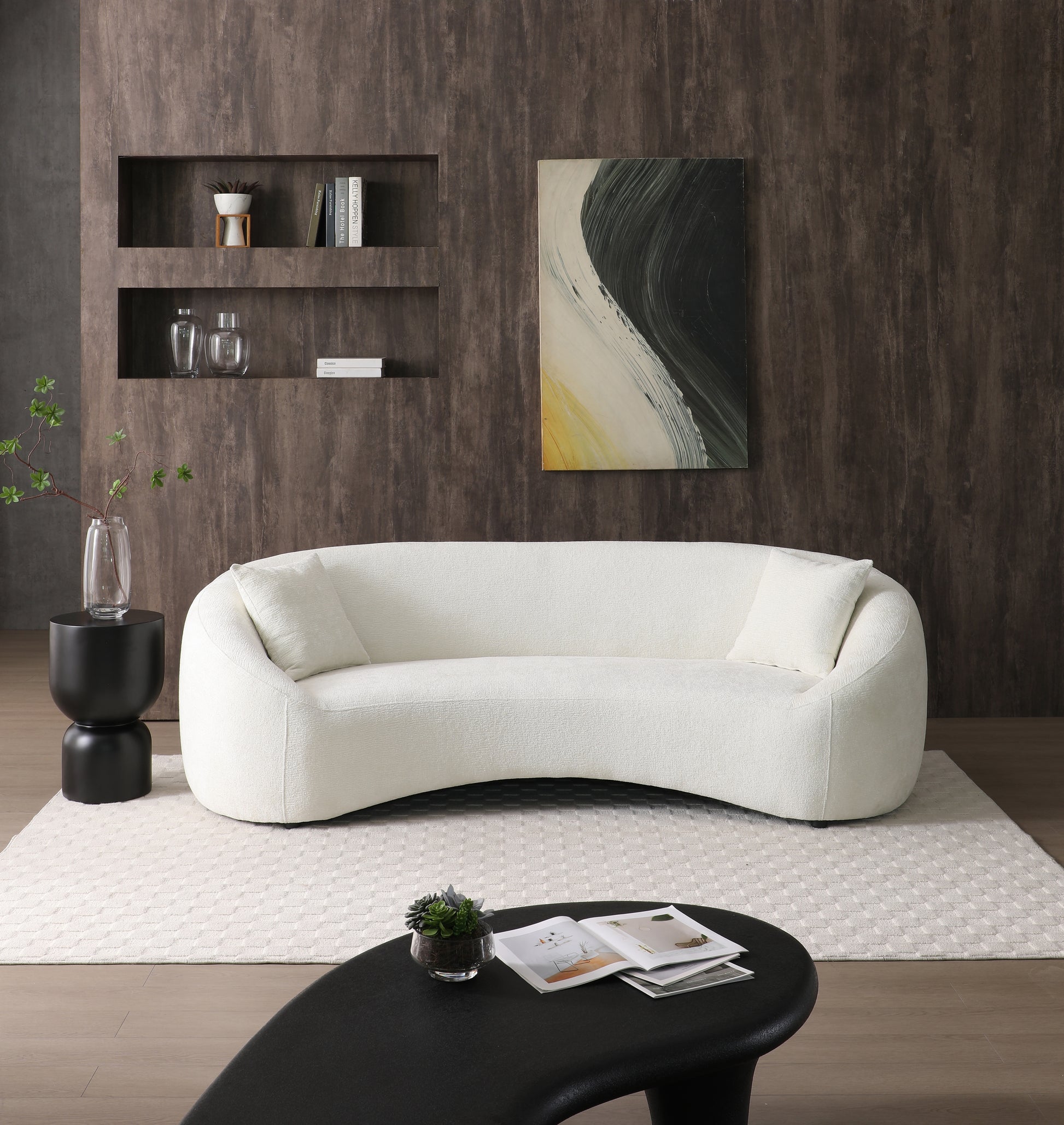 Minimalist Curved Sofa, 3 Seater, Chenille Velvet Fabric Upholstered Sofa, Tight Curved Back Velvet Cloud Couch For Living Room Apartment Office, White White Chenille Wood Primary Living Space Medium Soft Tight Back Modern Eucalyptus Recessed Arms Foam