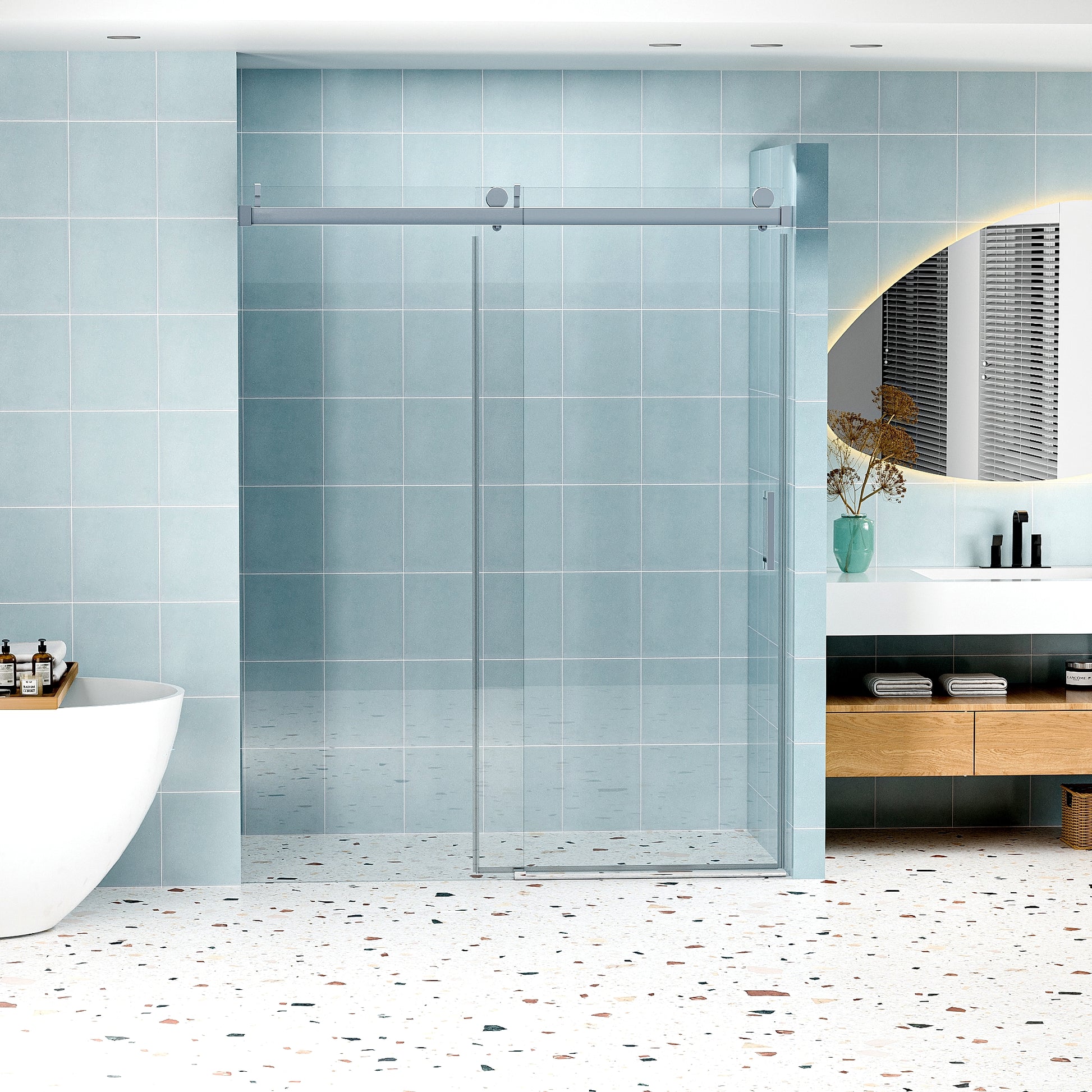 56" 60" W X 76" H Frameless Soft Closing Single Sliding Shower Door, 1 4" 6Mm Tempered Glass With Explosion Proof Coating Via Express Delivery, Chrome 24D01 60Chx Chrome Tempered Glass