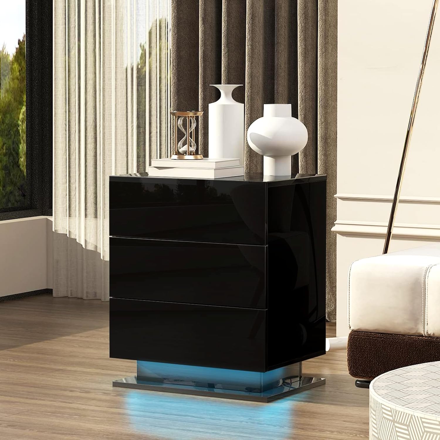 Nightstand With 3 Storage Drawers,Led Lights, End Table For Bedroom Furniture Black Particle Board