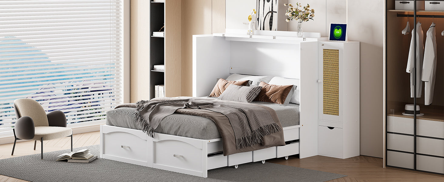 Queen Size Murphy Bed Wall Bed With Drawer And Rattan Decoration With 2 Storage Cabinets, One Set Of Sockets & Usb Ports, Pulley Structure Design, White Queen White Plywood