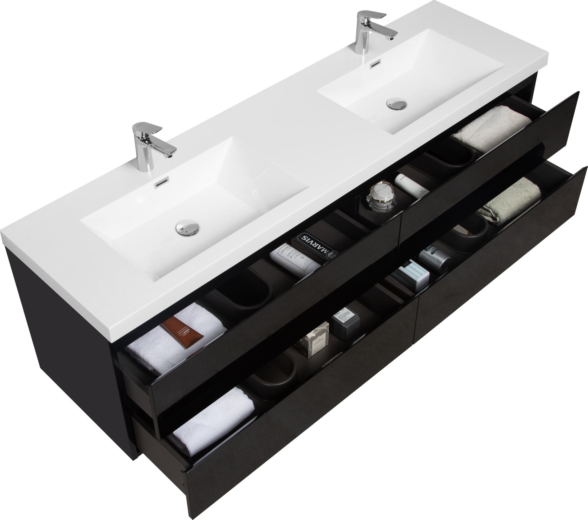 72" Floating Bathroom Vanity With Sink, Modern Wall Mounted Bathroom Storage Vanity Cabinet With 2 Resin Top Basin And 4 Soft Close Drawers, Glossy Black 24V11 72Gb 4 Black Bathroom Wall Mounted