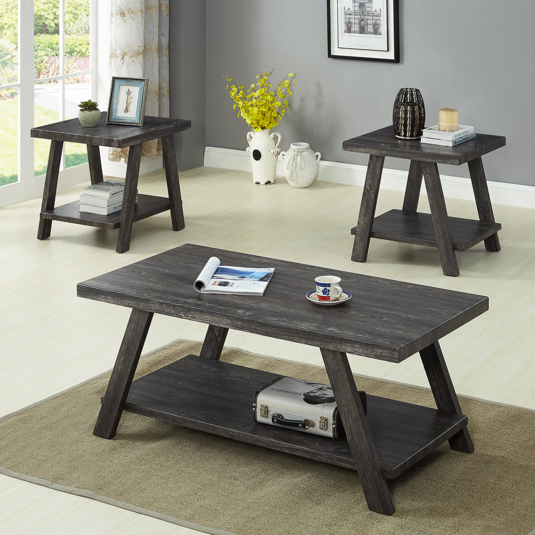 Athens Contemporary Replicated Wood Shelf Coffee Set Table In Charcoal Finish Charcoal Primary Living Space Rectangular Coffee & End Tables Wood