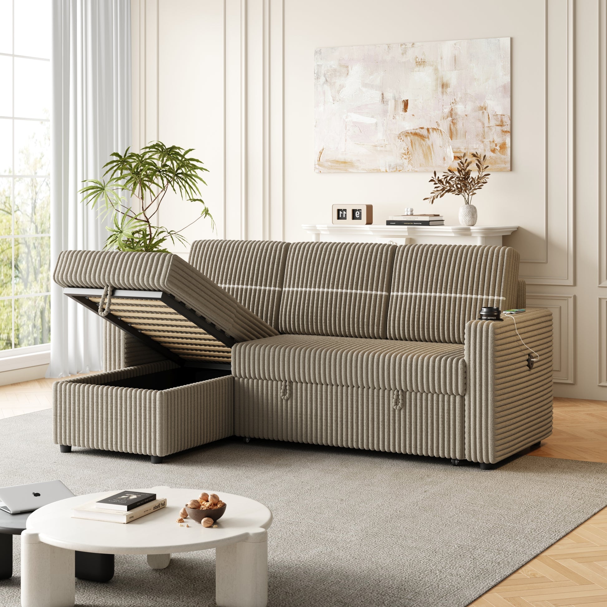 85 Inches Corduroy Sofa Bed, 3 Seater Sleeper Sofa With Storage Chaise, Square Handrail With Two Cup Holder And Usb Charge Port, Pull Out Couch For Living Room Brown Corduroy 3 Seat