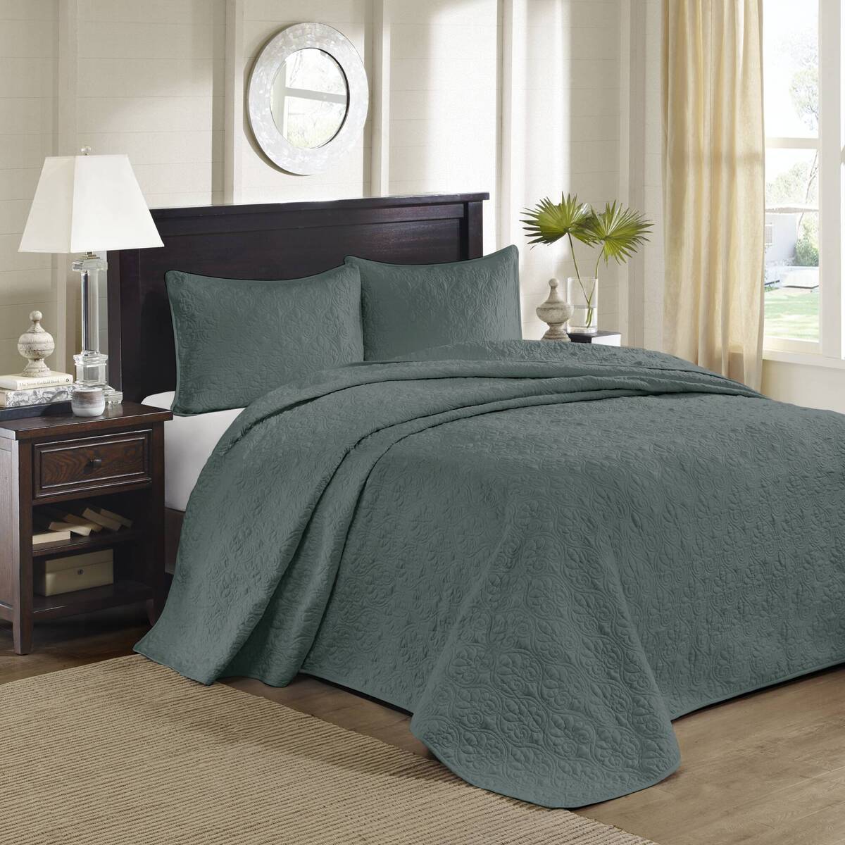 3 Piece Reversible Bedspread Set Balsam Green King Green Polyester