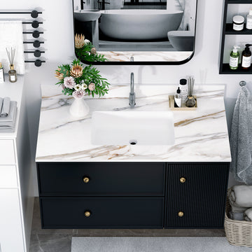 43 Inch Marble Vanity Top, Bathroom Vanity Top With Undermount Rectangular Middle Sink And 4" Height Backsplash, Pre Drilled Faucet Hole Vanity Top, Carrara White With Veins White Marble Bathroom American Design Sintered Stone Sintered Stone