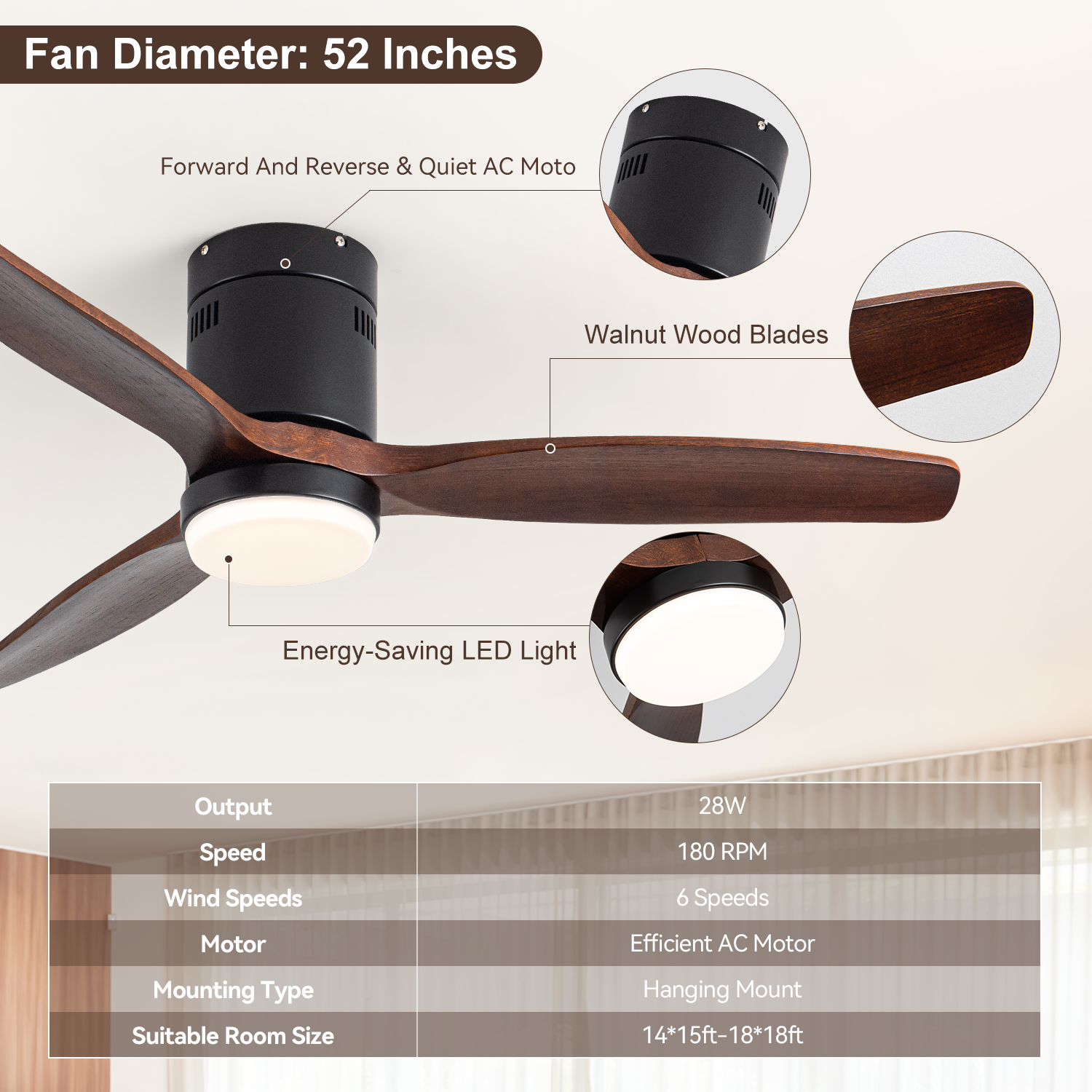 Ceiling Fan With Light, 52 Inch Flush Mount Ceiling Fan, Reversible Blades, 3Cct Low Profile Ceiling Fan With Remote For Bedroom Living Room Walnut Modern Wood