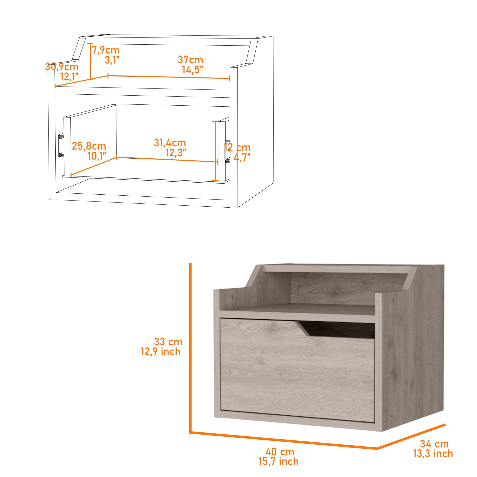 Florence Floating Nightstand With Drawer And Dual Shelf Display Gray 1 Drawer Bedroom Bedside Cabinet Contemporary Storage Melamine Engineered Wood