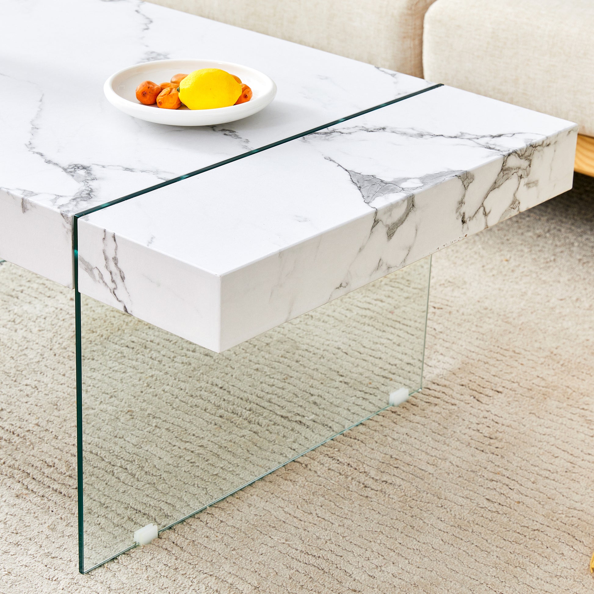 43.3"X23.6" White Marble Patterned Mdf Coffee Table With Tempered Glass Legs.Suitable For Living Room.It Can Be Used Not Only As A Coffee Table But Also As A Side Table Or Display Stand.