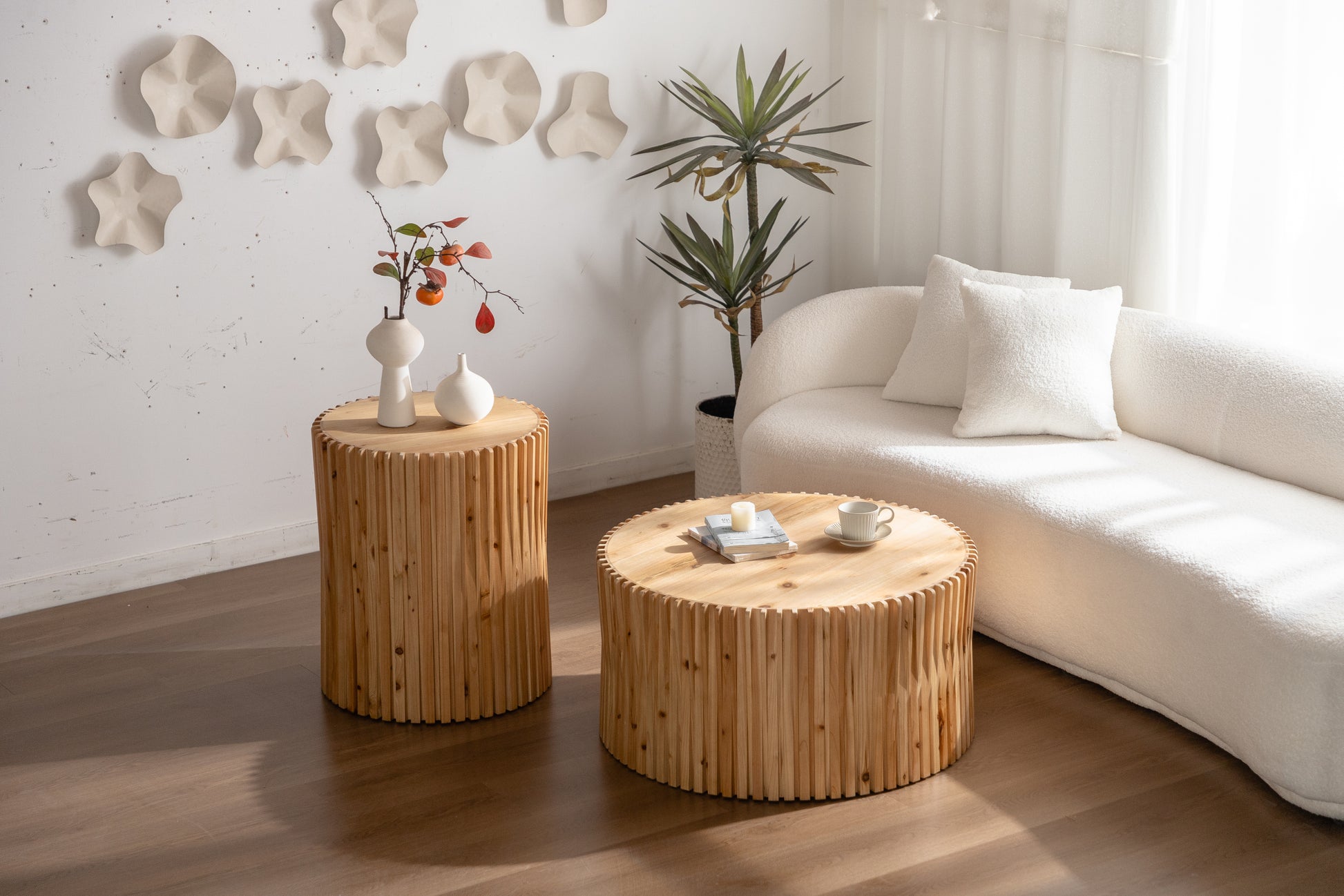 Retro Fashion Style Cylindrical Coffee Table With Vertical Texture Relief Design,Suitable For Living Room,Office,And Dining Room Set Of 2 Natural Mdf