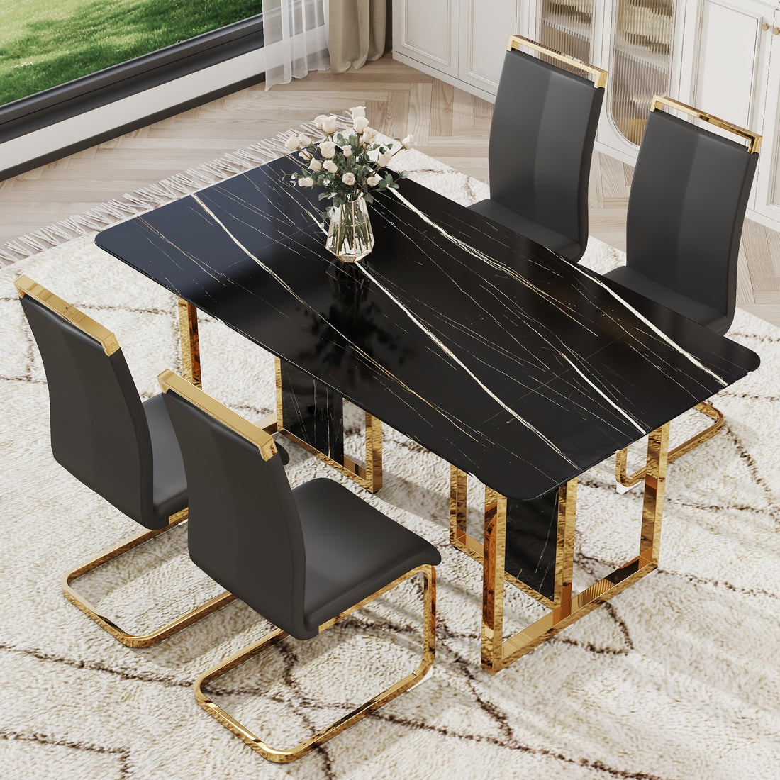 Table And Chair Set. Modern Dining Table With Mdf Top And Beautiful Mdf Legs. Equipped With Comfortable Pu Chairs And Metal Legs. Suitable For A Wide Range Of Decorative Styles. Black Seats 4 Mdf