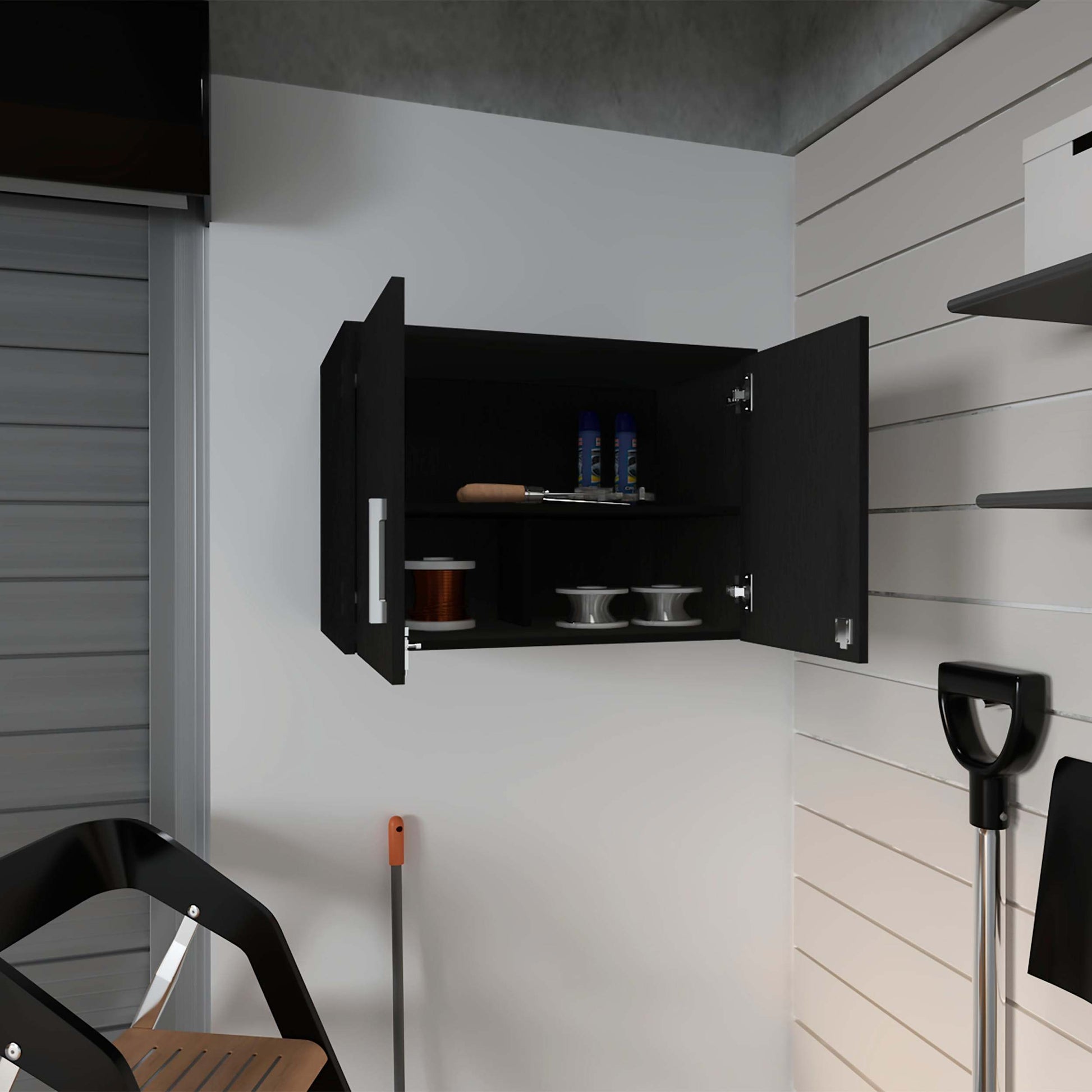 Black Wengue 2 Door Rectangle Wall Cabinet Black Particle Board