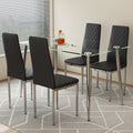 Table And Chair Set.Rectangular Dining Table With Tempered Glass Tabletop And Silver Plating Metal Legs.Paired With 4 Checkered Armless High Back Black Chairs With Electroplated Metal Legs. Black Seats 4 Glass Metal