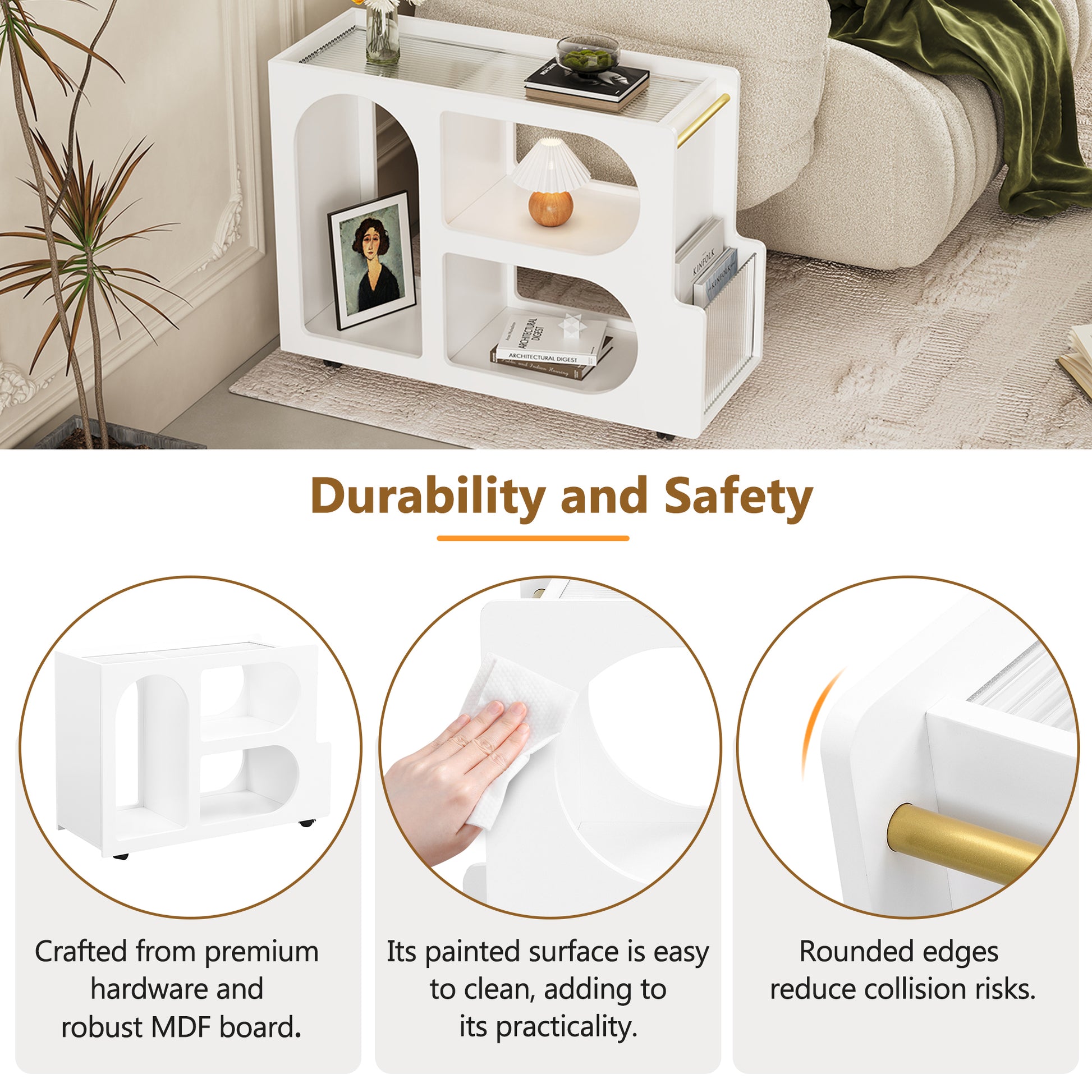Mobile End Table With Lockable Wheels, Narrow Coffee Table With 5Mm Thick Fluted Tempered Glass, Modern Nightstand With Golden Round Rod, Living Room, White, 31.5''W X11.8''D X 23.1''H White Primary Living Space Mdf