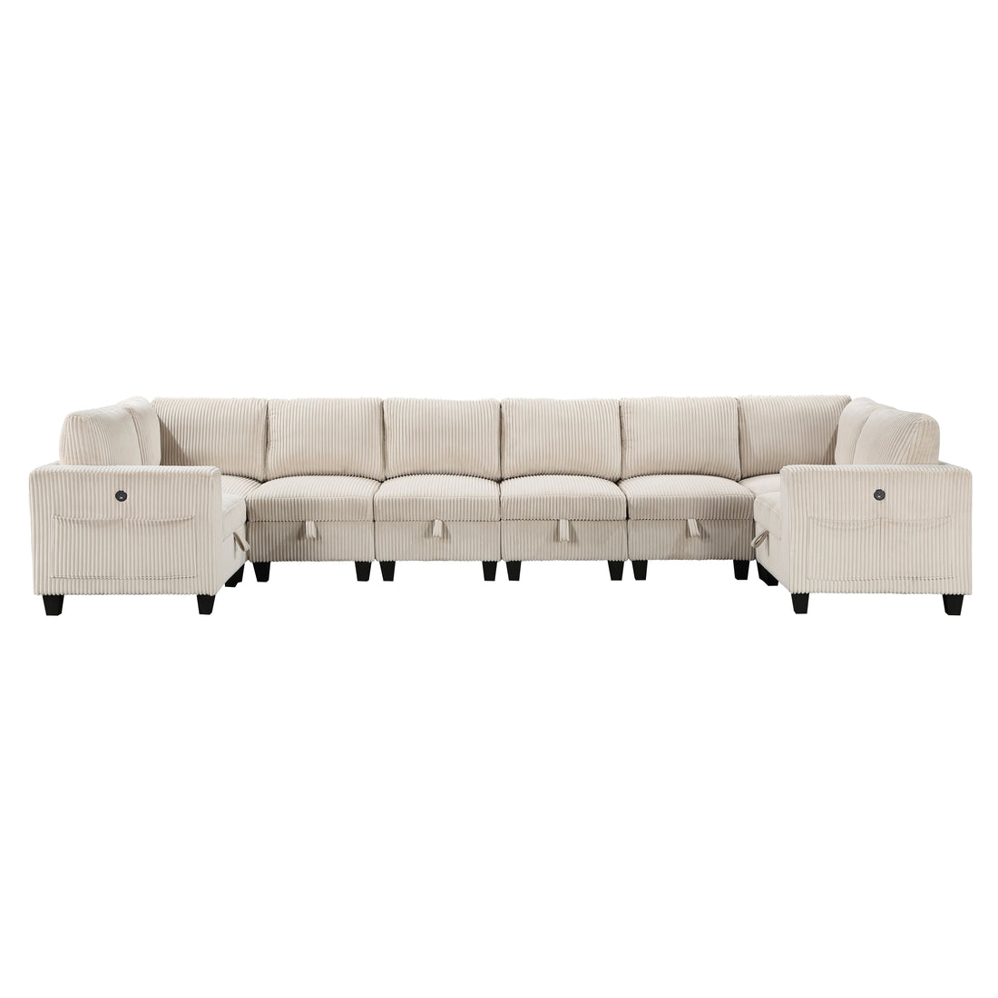 8 Piece Modular Sectional With Storage Seats, Side Pockets, Charging Ports Beige Corduroy Fabric Modern Living Room Sectional Couch Solid Wood Furniture Beige Polyester Wood Primary Living Space Modern Solid Wood 8 Seat