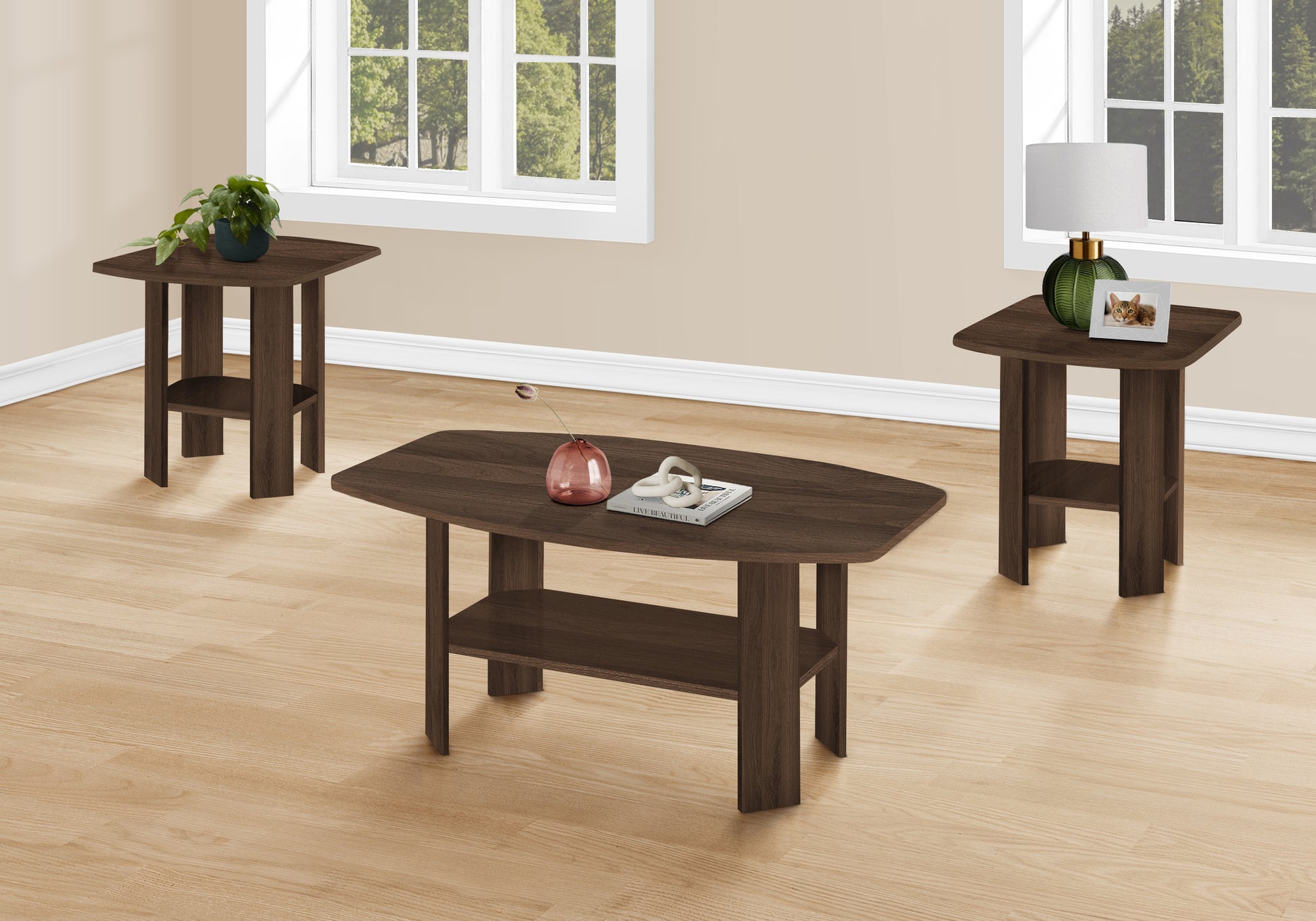 Table Set, 3Pcs Set, Coffee, End, Side, Accent, Living Room, Walnut Laminate, Transitional Walnut Particle Board