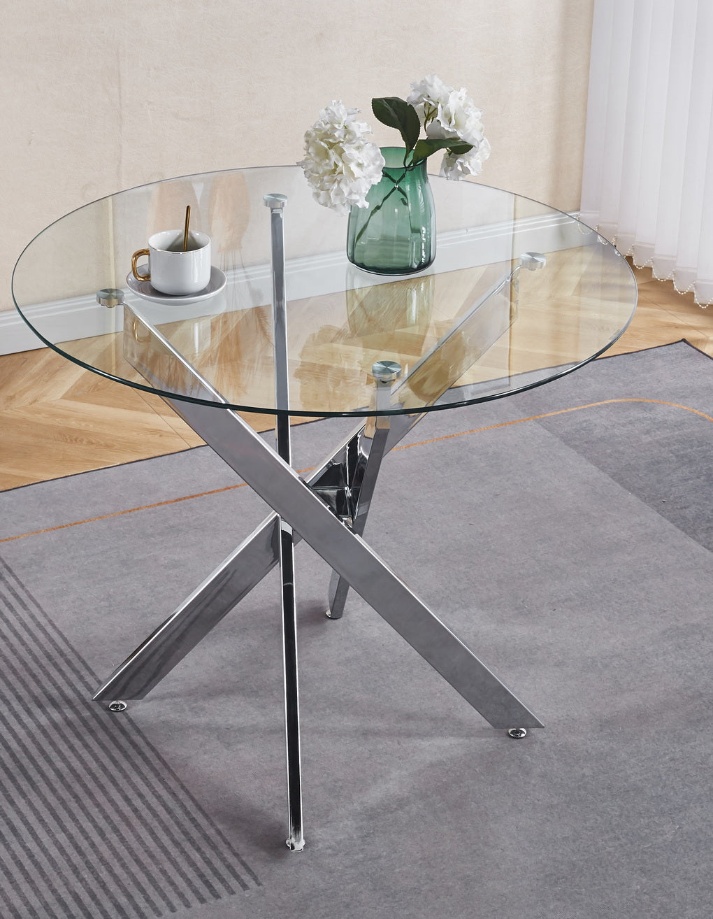 Dining Table With Cross Metal Leg And Tempered Glass,Modern Space Saving Kitchen Table For Living Room,Chrome Legs Chrome Glass Metal