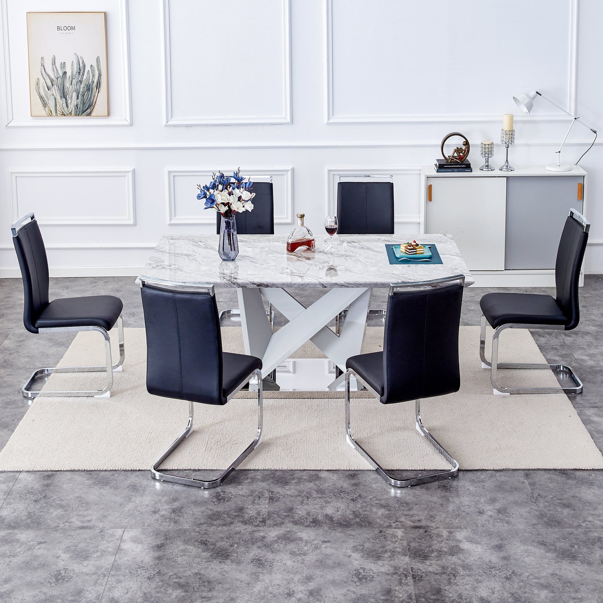 1 Table And 6 Chairs Set.Modern Grey Mdf Faux Marble Dining Table With Double V Shaped Supports.Paired With 6 Modern Pu Artificial Leather Soft Cushion With Silver Metal Legs.F Vv,C 1162 Gray Seats 6 Mdf Metal