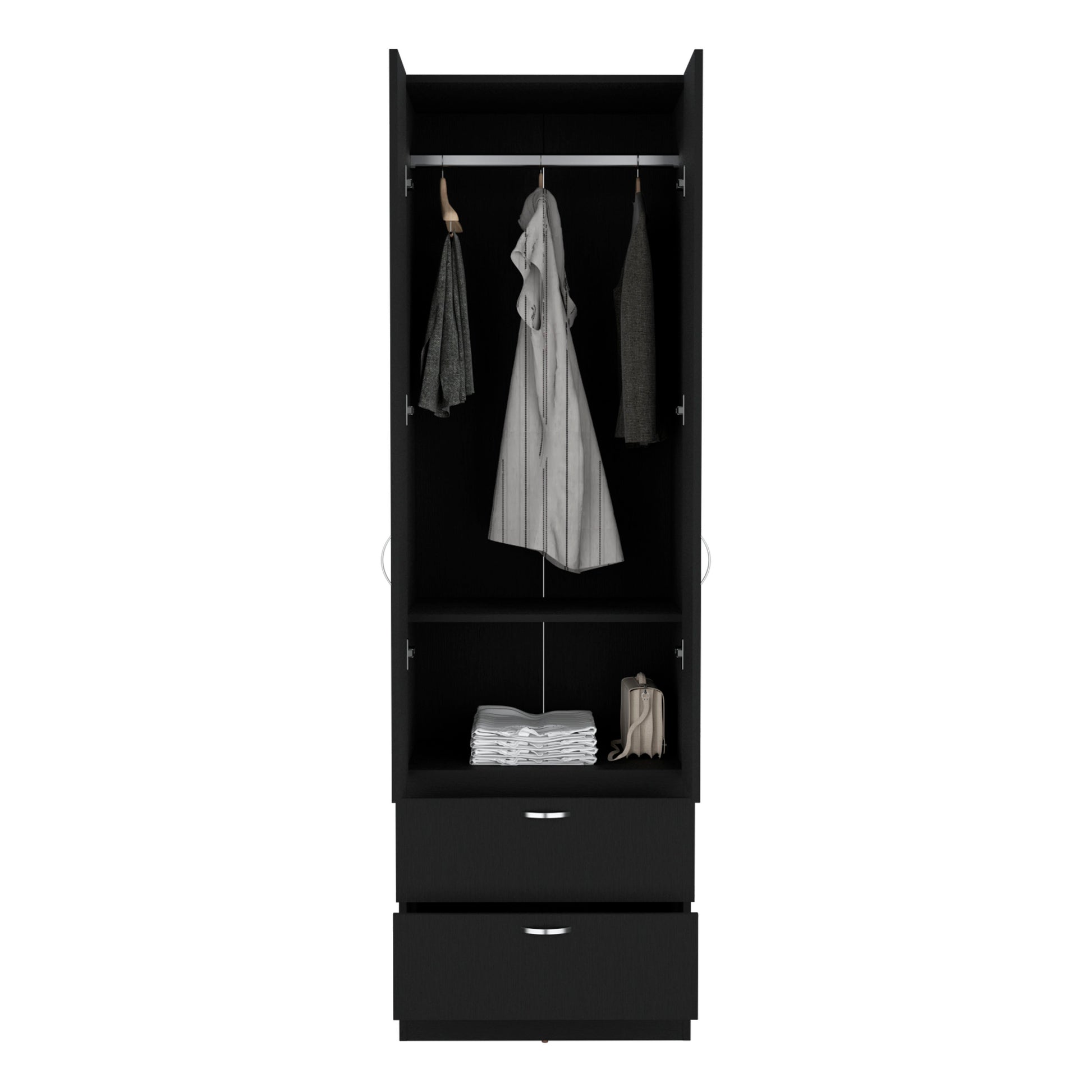 Vico 76" High Armoire Wardrove Closet With 2 Drawers, Double Door Cabinetone Shelf And Hanging Rod, Bedroom Clothes Storage Cabinet Organizer Black Bedroom Modern Particle Board Engineered Wood