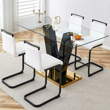 Table And Chair Set. A Rectangular Glass Dining Table With A 0.4 Inch Tempered Glass Tabletop And Mdf Board V Shaped Bracket, Paired With Chairs Consisting Of Pu Seat Cushions And Black Metal Legs. White Black Seats 4 Tempered Glass