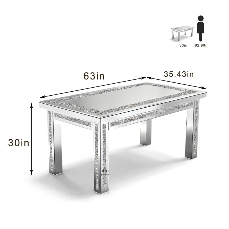 63" Glass Top Dining Table Crystal Diamond Inlay Silver Mirrored Finish Desk And Hutch Primary Living Space Modern Freestanding Rectangular Kitchen & Dining Tables Glossy Rectangular Mdf Glass