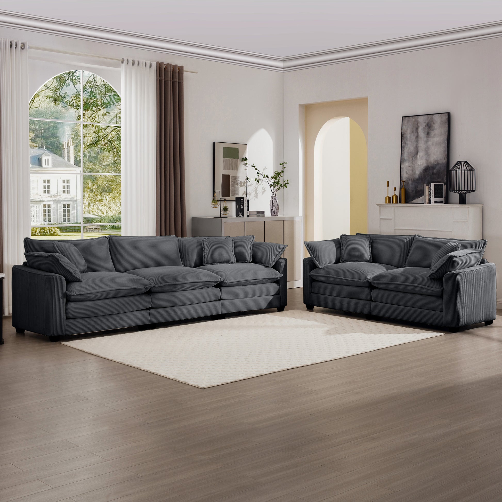 Modern Fabric Living Room Sofa Two Piece Set, Two 2 Seater Sofas With 8 Cushion Upholstery Large Deep Seat Recliner, Grey Corduroy Fabric Grey Corduroy 5 Seat