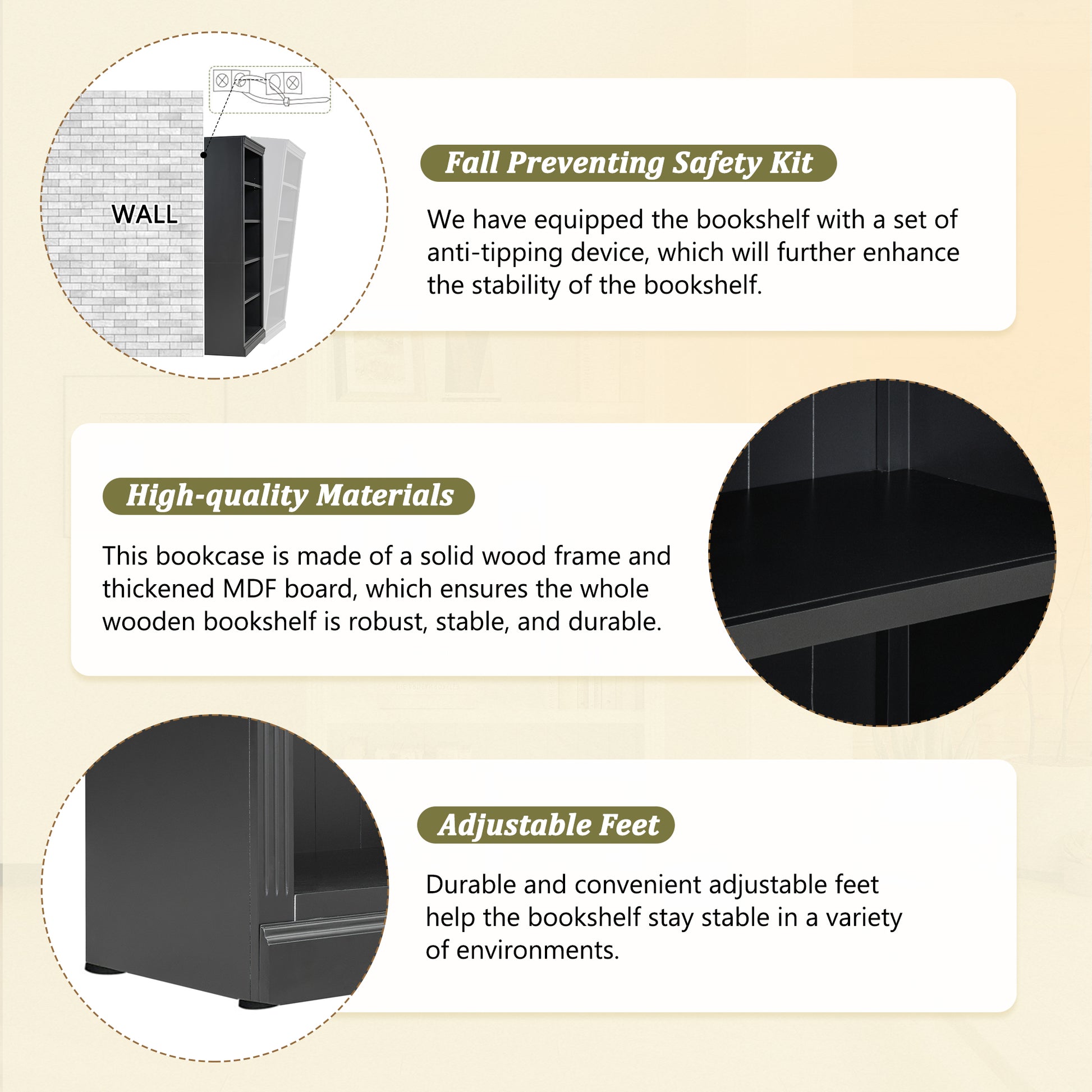 83.4" Tall Wood Bookcase With Light Strip,5 Tier Decor Bookshelves With Adjustable Shelves,Storage Organizer For Cds Books Movies,Free Standing Storage Shelves For Living Room,Home Office,Black