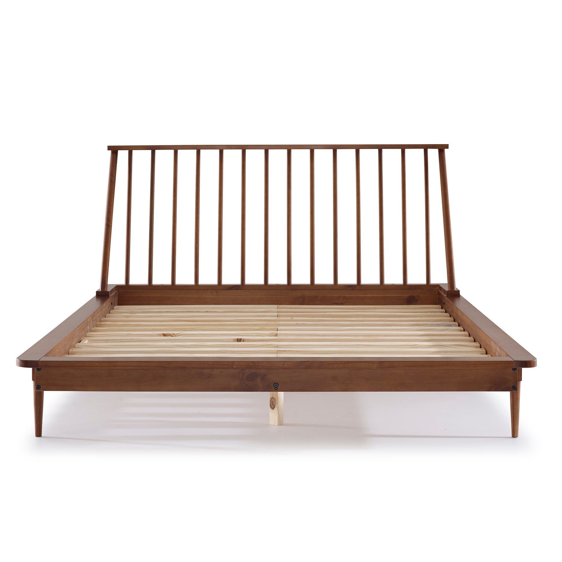 Mid Century Modern Solid Wood Queen Platform Bed Frame With Spindle Headboard Caramel Queen Caramel Pine