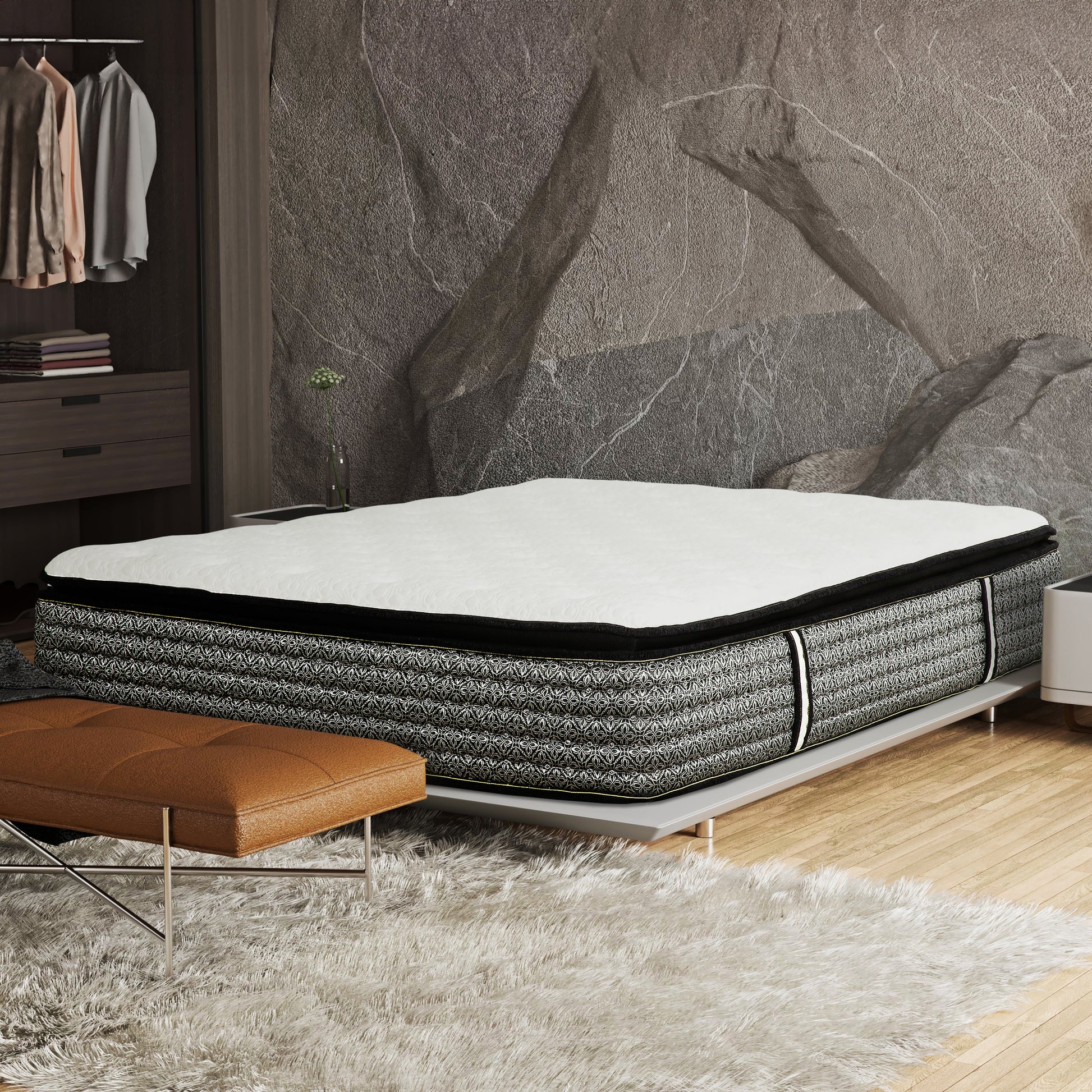 Premium 14 In. King Size Pocket Coil Hybrid Mattress, Super Plush Gel Memory Foam Mattress For Comfort Sleep, White Gray Grey White Bedroom Contemporary,Modern Memory Foam Polyester King