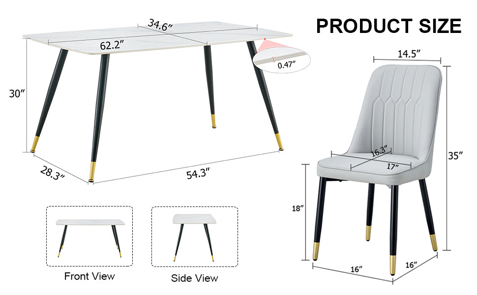 Modern Minimalist Dining Table. White Imitation Marble Pattern Sintered Stone Desktop With Black Metal Legs.Modern Dining Chair With Pu Artificial Leather Backrest Cushion And Black Metal Legs.F 001 Black Gold Sintered Stone