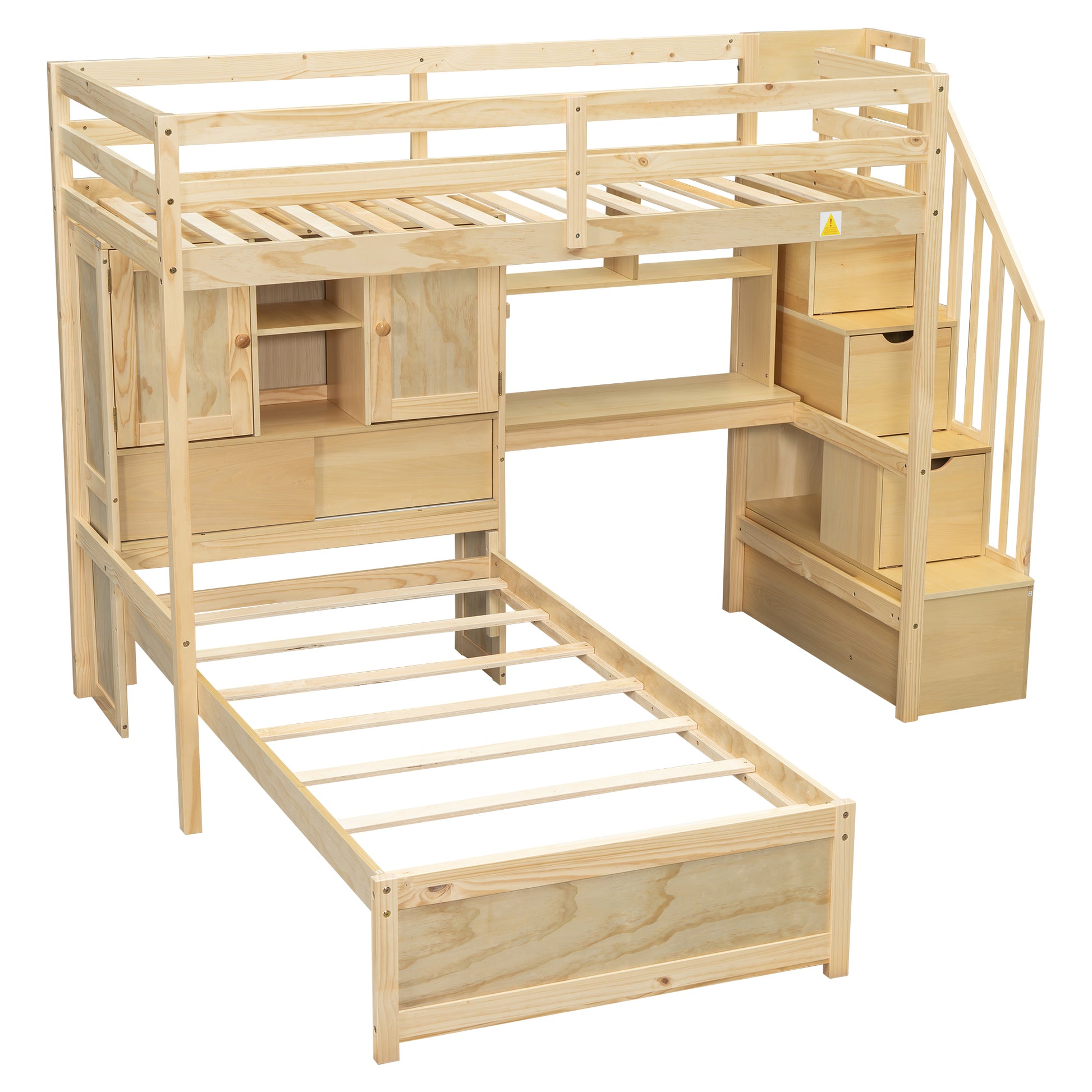 Twin Over Twin Loft Bed With Built In Desk And Staircase, With Storage Compartments And Shelves, Natural Twin Box Spring Not Required Natural Wood Pine