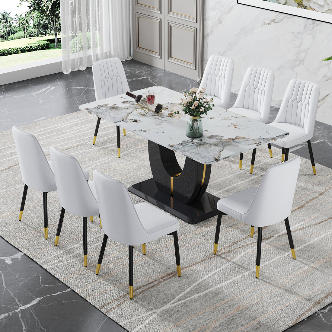 Table And Chair Set, Modern Dining Table, Patterned Table Top And Black Mdf Leg Table, Soft And Comfortable Dining Chair, Perfect For Dinner, Meetings, Home And Office Decor White Black Mdf Glass