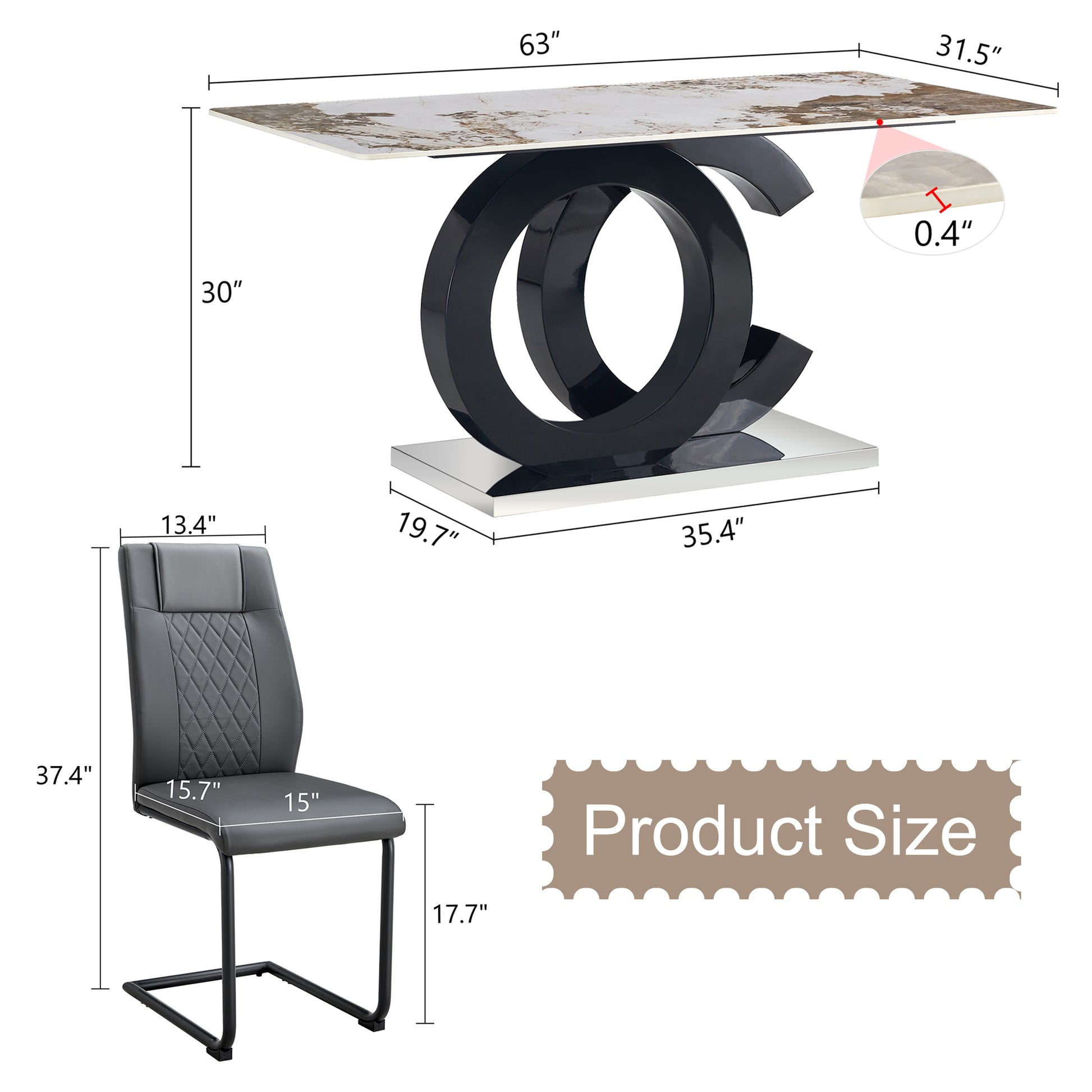 Table And Chair Set.63"X31.5" Marble Pattern Sintered Stone Table With Mdf Oc Shaped Bracket.Paired With 4 Dark Gray Pu Chairs With Black Metal Legs.Suitable For Kitchen,Dining Room,Etc. Black,Dark