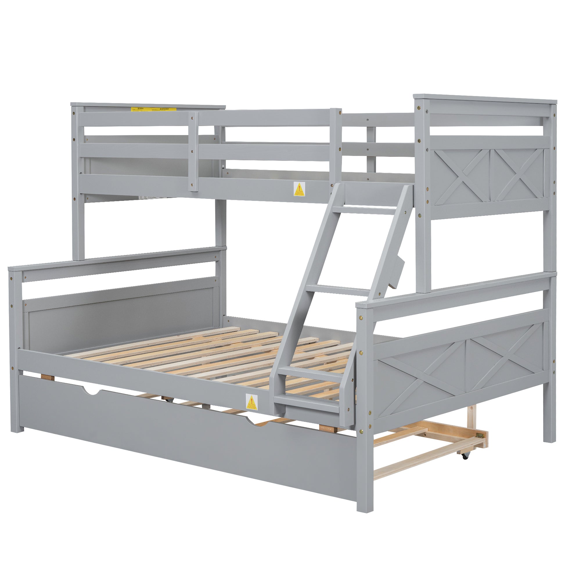 Twin Over Full Bunk Bed With Ladder, Twin Size Trundle, Safety Guardrail, Gray Box Spring Not Required Twin Gray Wood Bedroom Bunk Pine