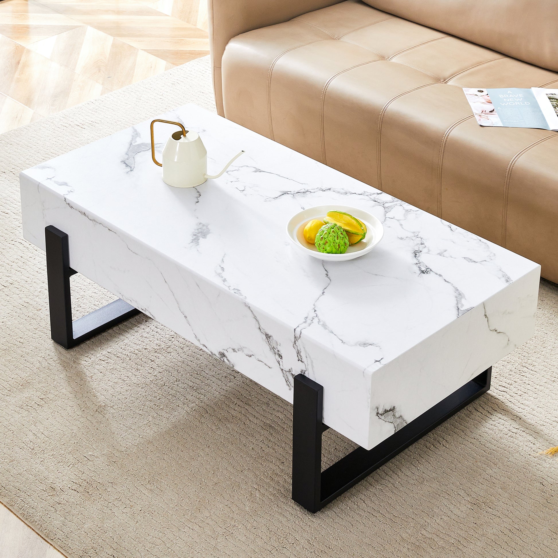 47.2"X23.6" Black And White Minimalist Mdf Marble Patterned Coffee Table.White Marble Pattern Sticker,Black Metal Leg Spray Coating,Mdf Coffee Table.Showcasing A Modern And Simple Style. White Black