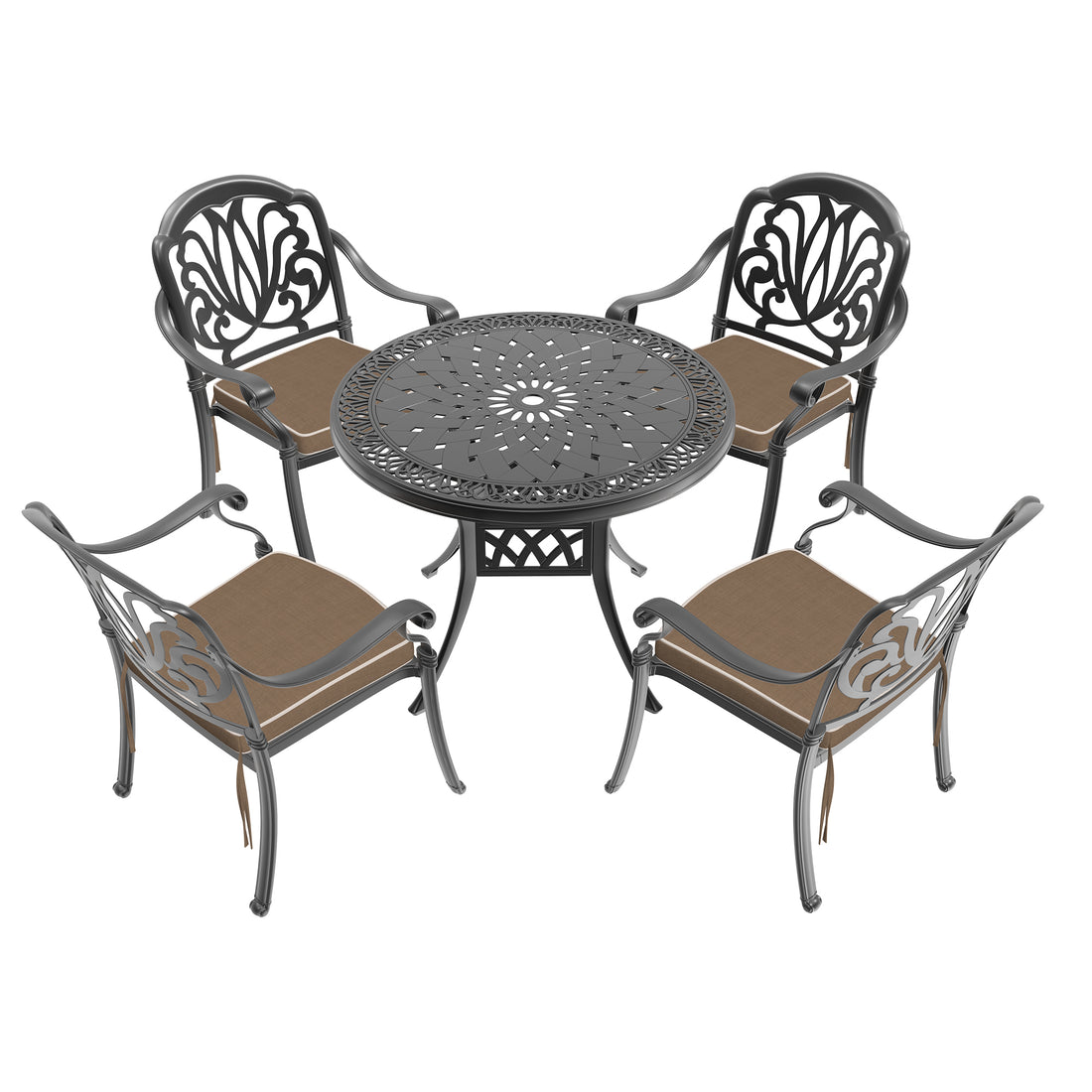 Cushions In Random Colors 5 Piece Set Of Cast Aluminum Patio Furniture With Cushions Yes Dining Set Black Seats 4 Rust Resistant Frame Water Resistant Cushion Garden & Outdoor Complete Patio Sets